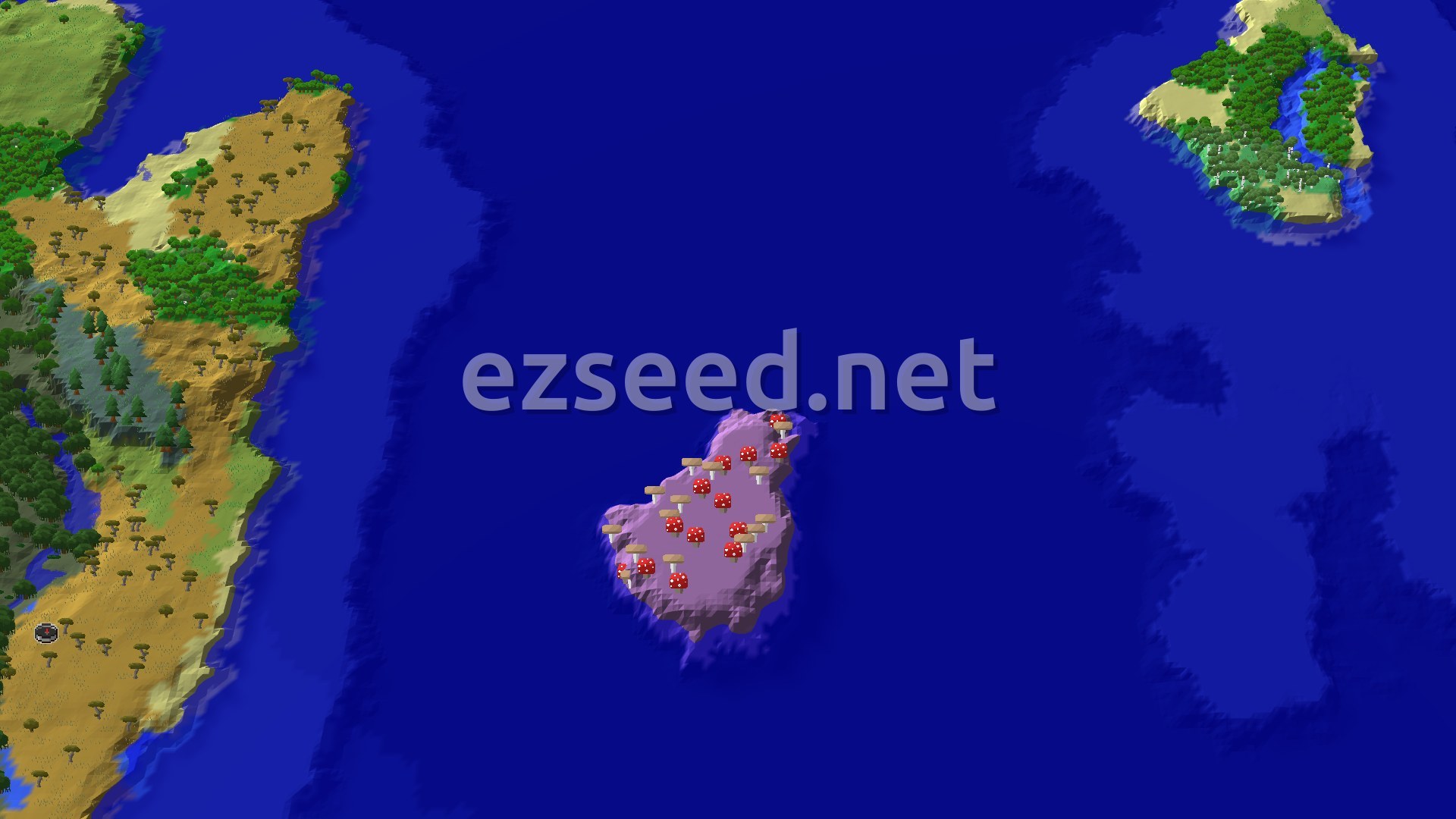 Aerial Minecraft seed map — Spawn Near a Mushroom Fields Island and Mangrove Swamp