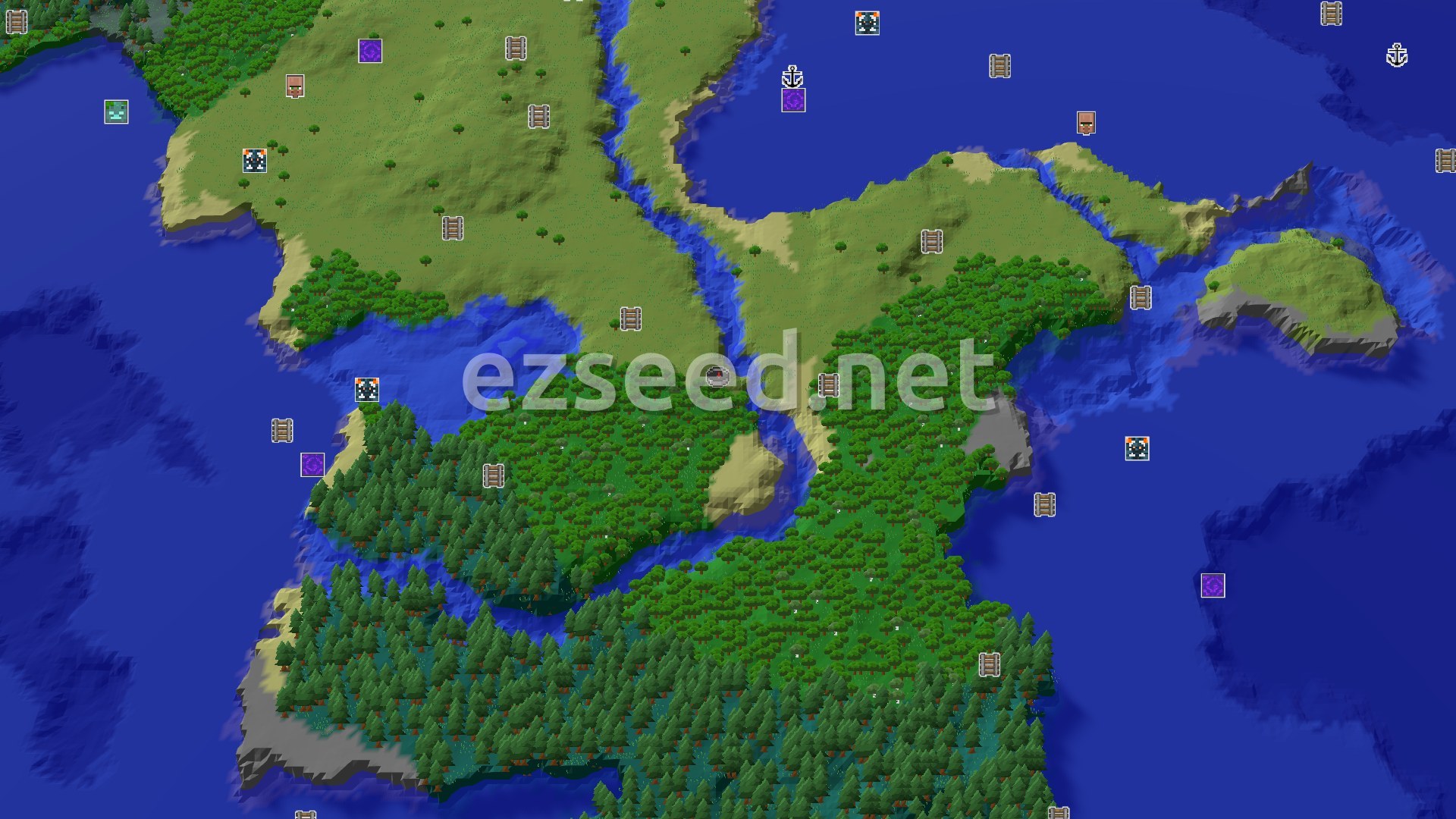 Aerial Minecraft seed map — Spawn in Plains with a Mineshaft nearby