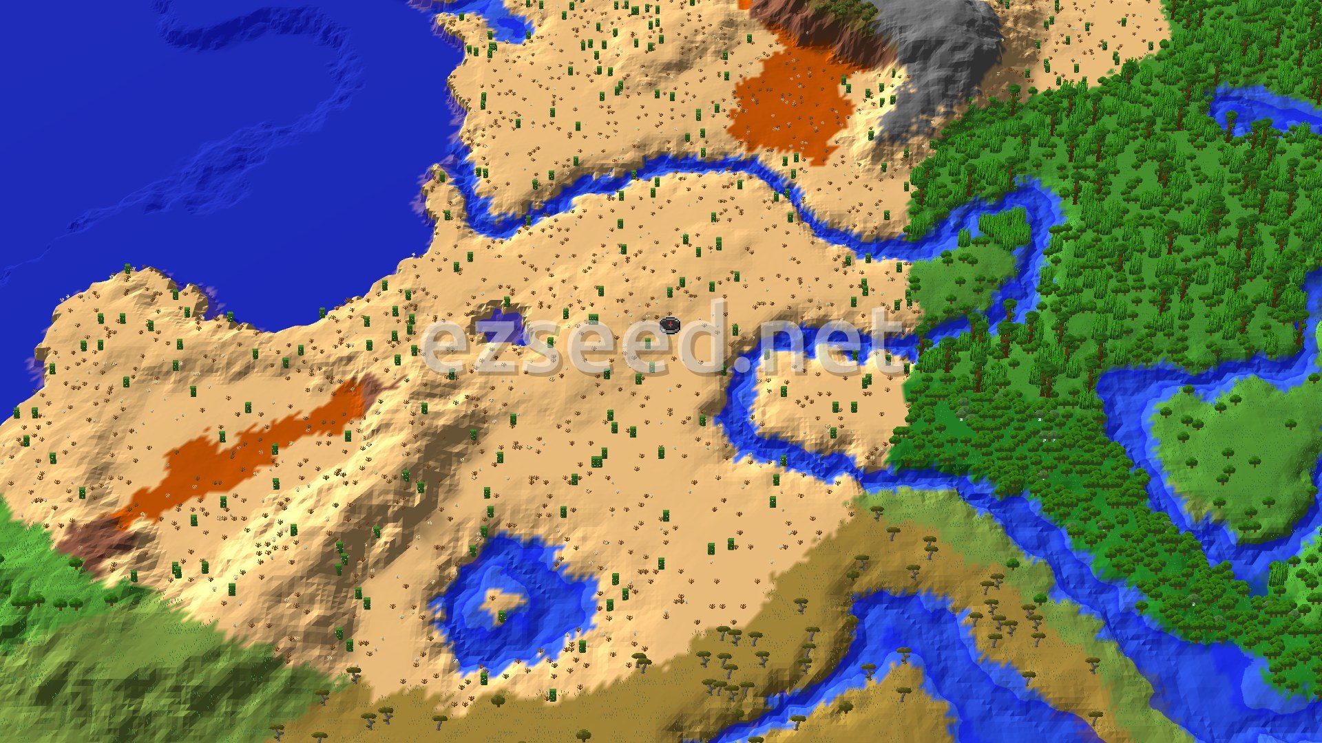 Aerial Minecraft seed map — Desert Spawn with Nearby Jungle and Trial Chambers