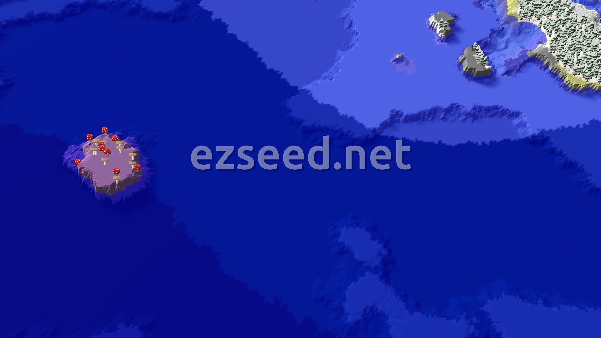 An overhead view of a large blue ocean with a few islands. To the left is a small purple island covered in red and white mushrooms. To the upper right is a larger landmass, snowy and forested, with smaller snowy islands nearby.
