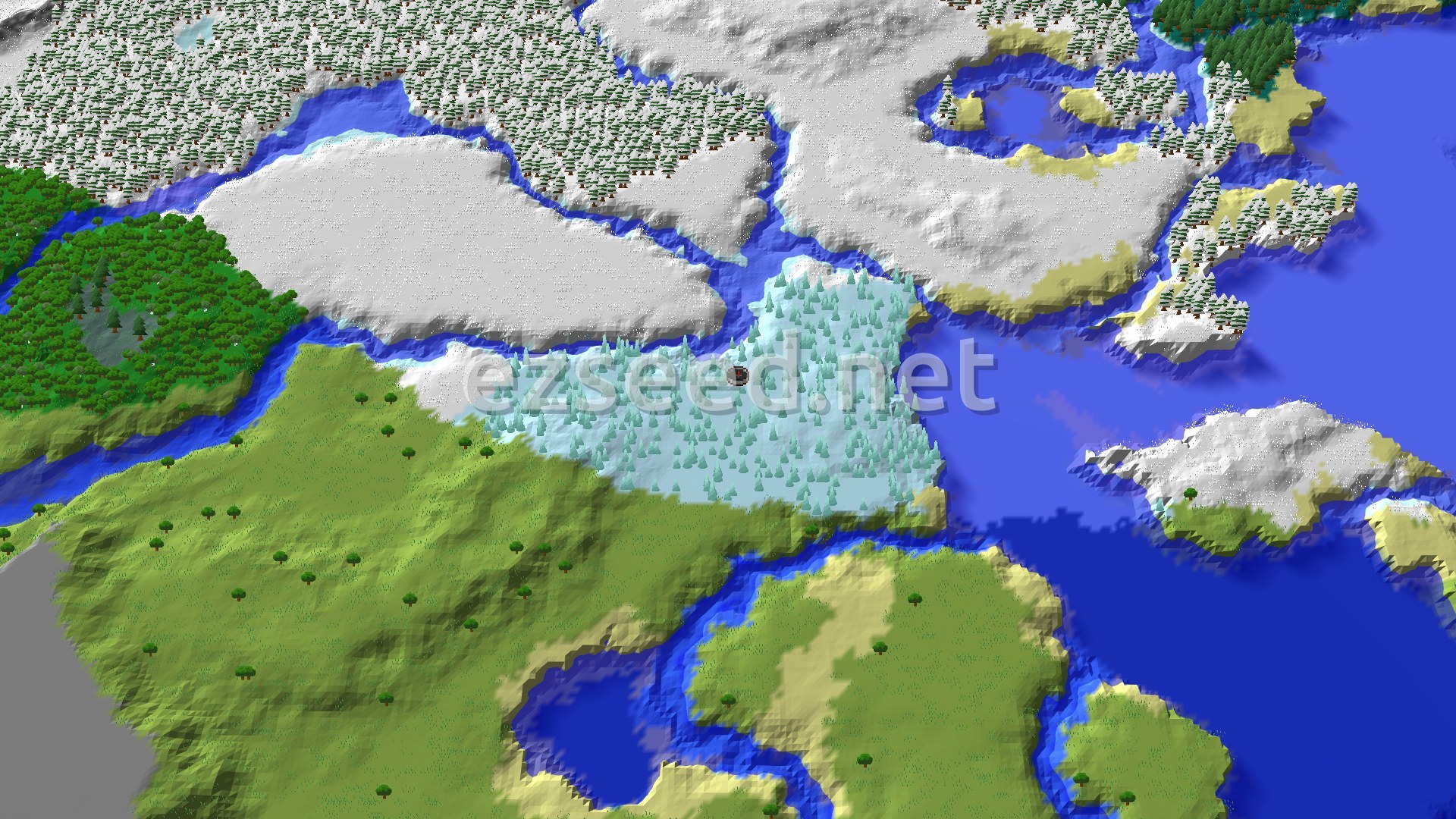 An aerial view of a Minecraft world, showing a large central area of ice spikes and snowy plains, bordered by green plains and forests. Several bodies of water, including a frozen river, weave through the landscape. The spawn marker is visible within the ice spikes.