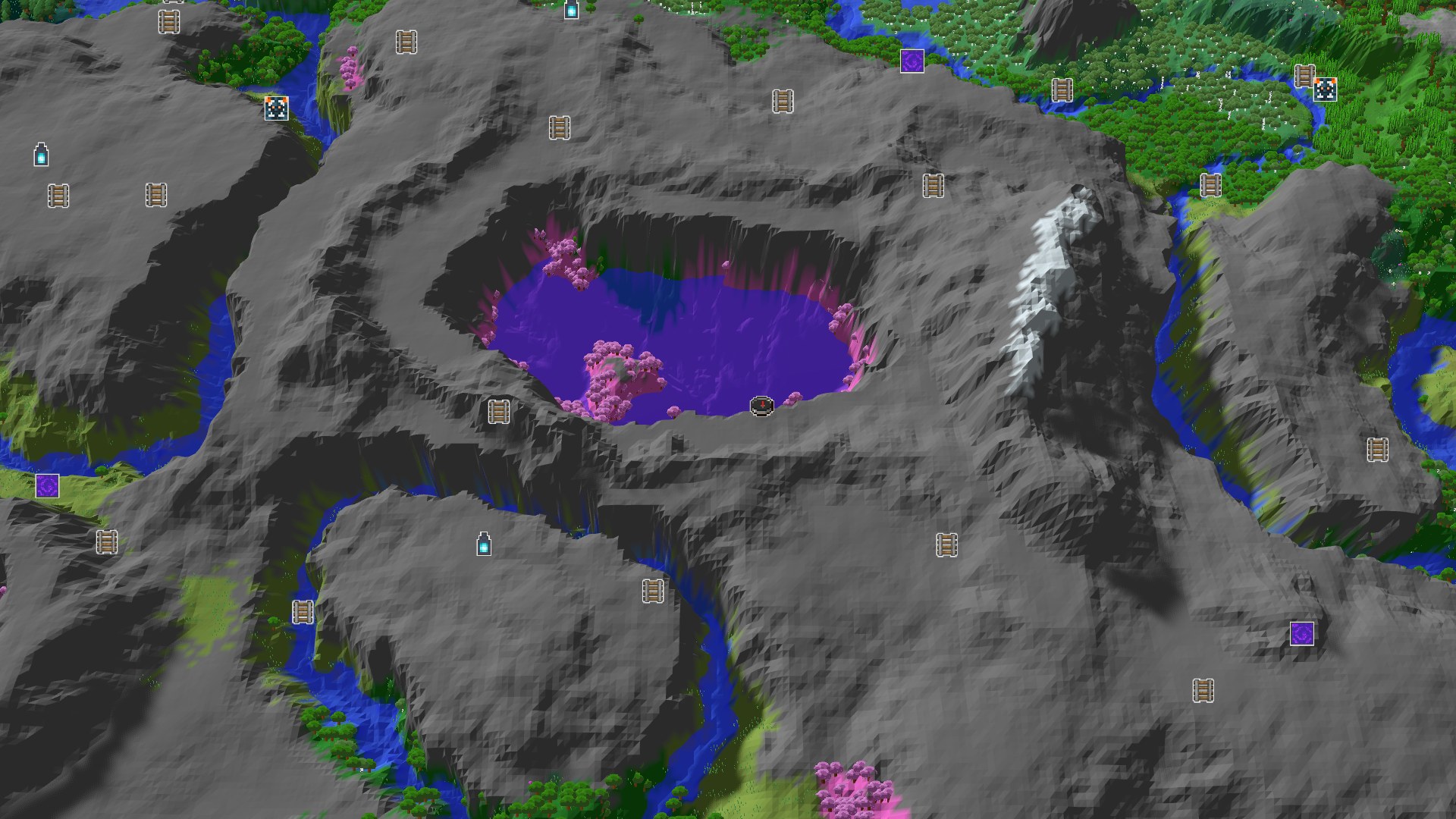 An aerial view of a mountainous landscape with a large, deep ravine at the center. Pink-leafed Cherry Grove trees dot the edges of the ravine, which contains a large body of purple water. A snowy peak is visible to the east, and rivers wind through green forests.