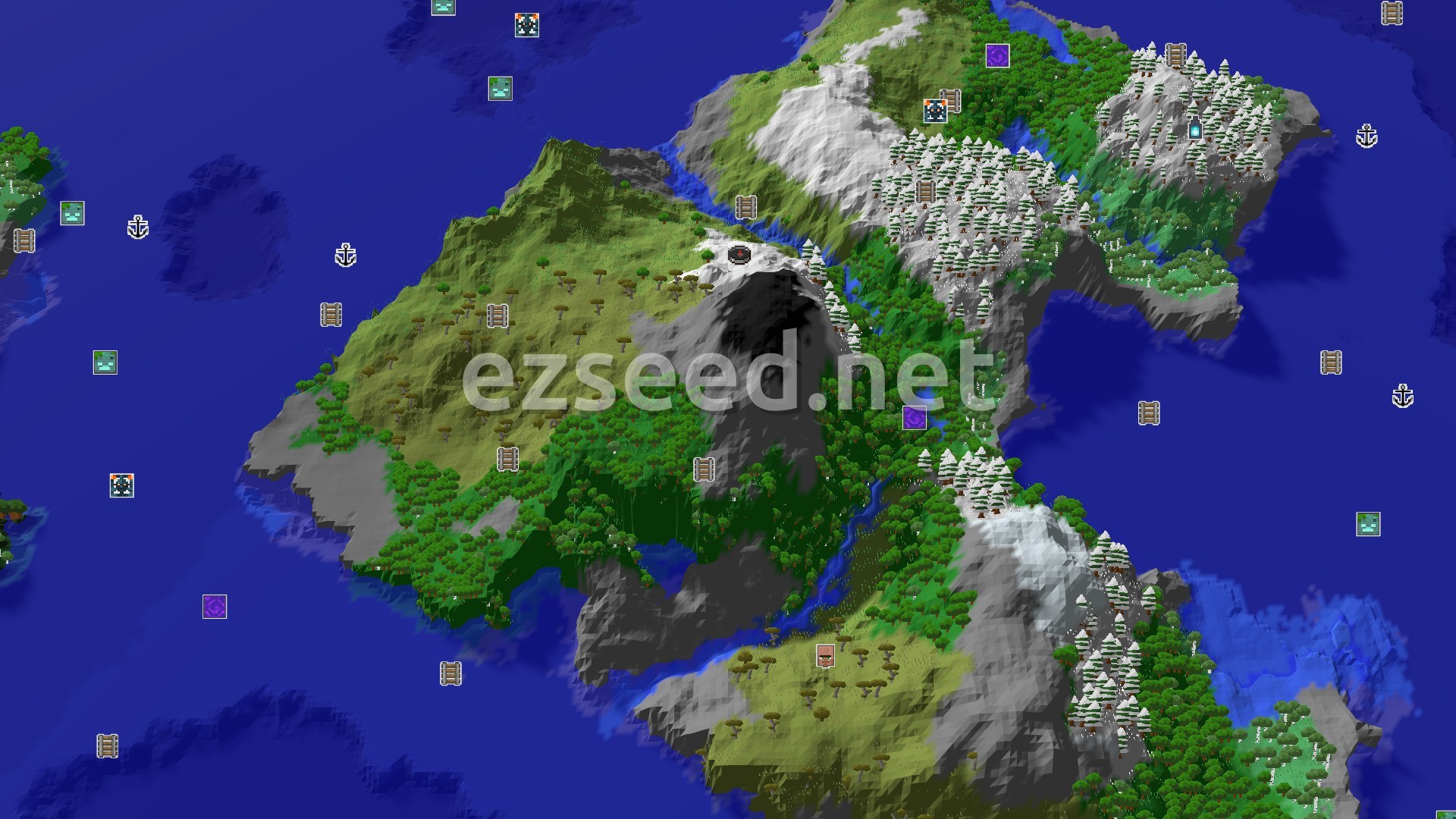 Aerial Minecraft seed map — Spawn in Snowy Peaks with a Village and Trial Chambers Nearby