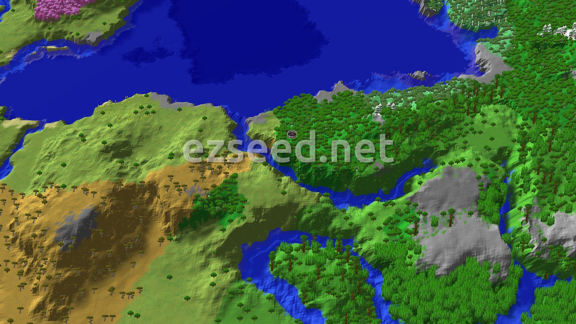 Aerial Minecraft seed map — Jungle and Savanna with Close Trial Chambers