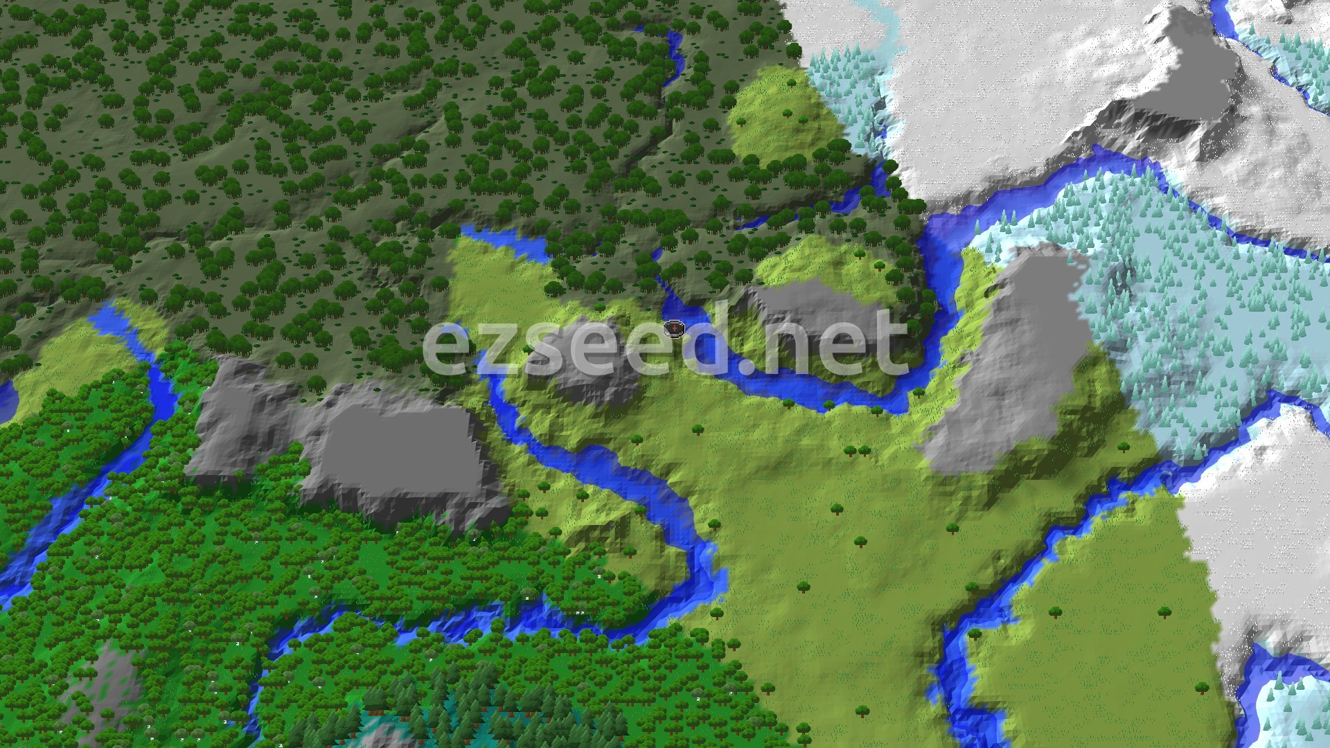 Aerial Minecraft seed map — Woodland Mansion, Ice Spikes, and Lush Caves