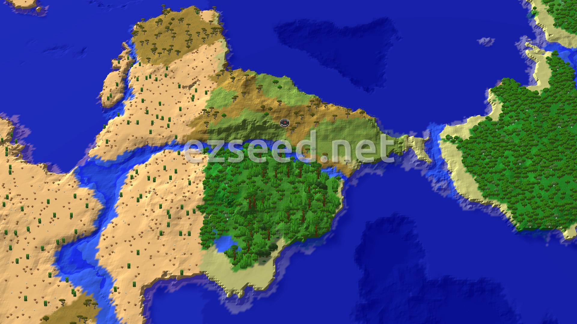 Aerial Minecraft seed map — Spawn Near a Mangrove Swamp and Windswept Savanna