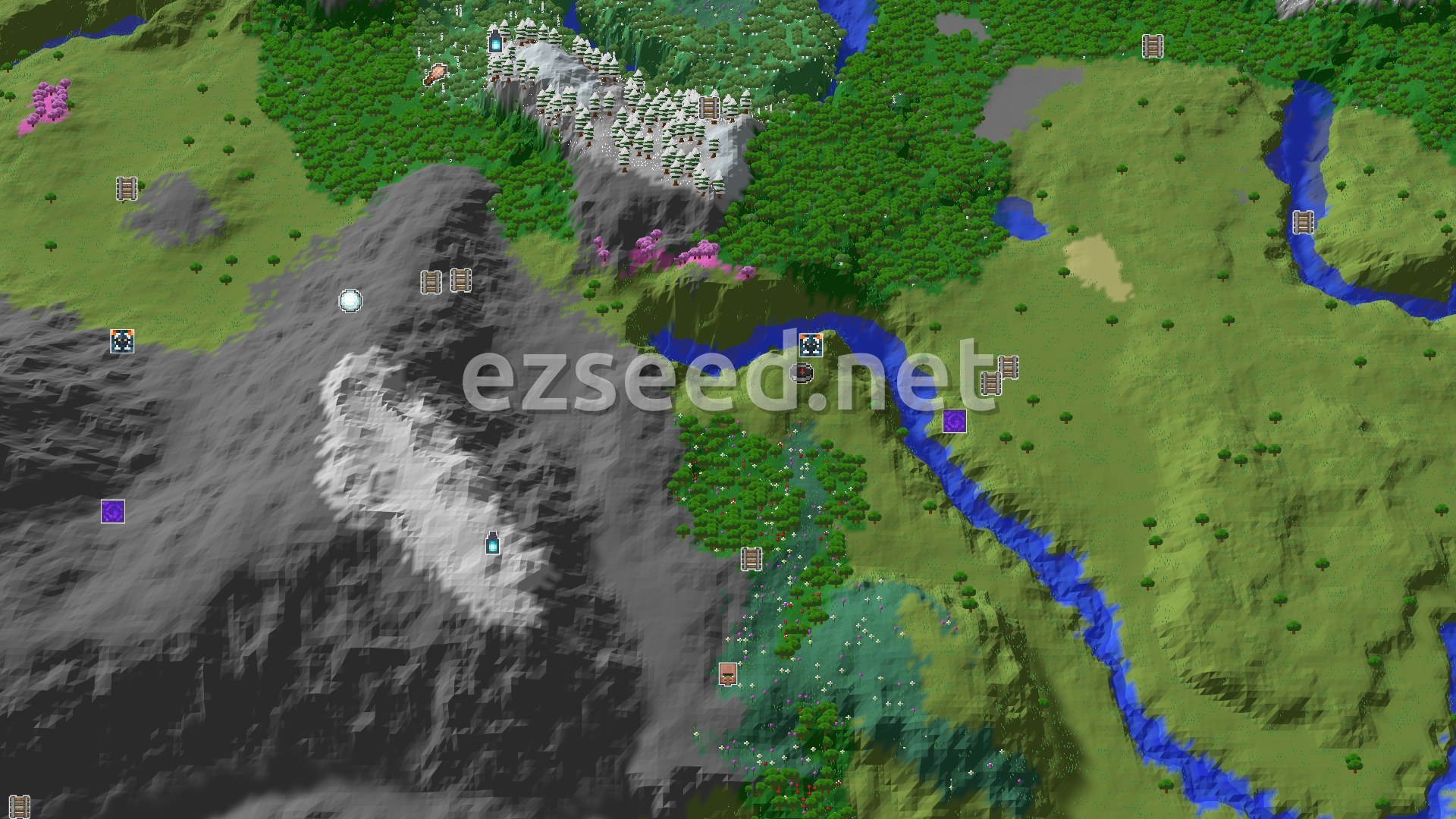 Aerial Minecraft seed map — Trial Chambers and Cherry Blossoms Near a Grassy Spawn