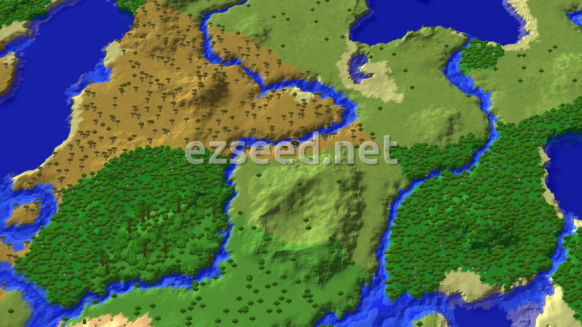 An aerial view of the spawn area, showing a river winding through a Savanna biome with scattered acacia trees, bordered by a dense jungle and a flatter plains area.
