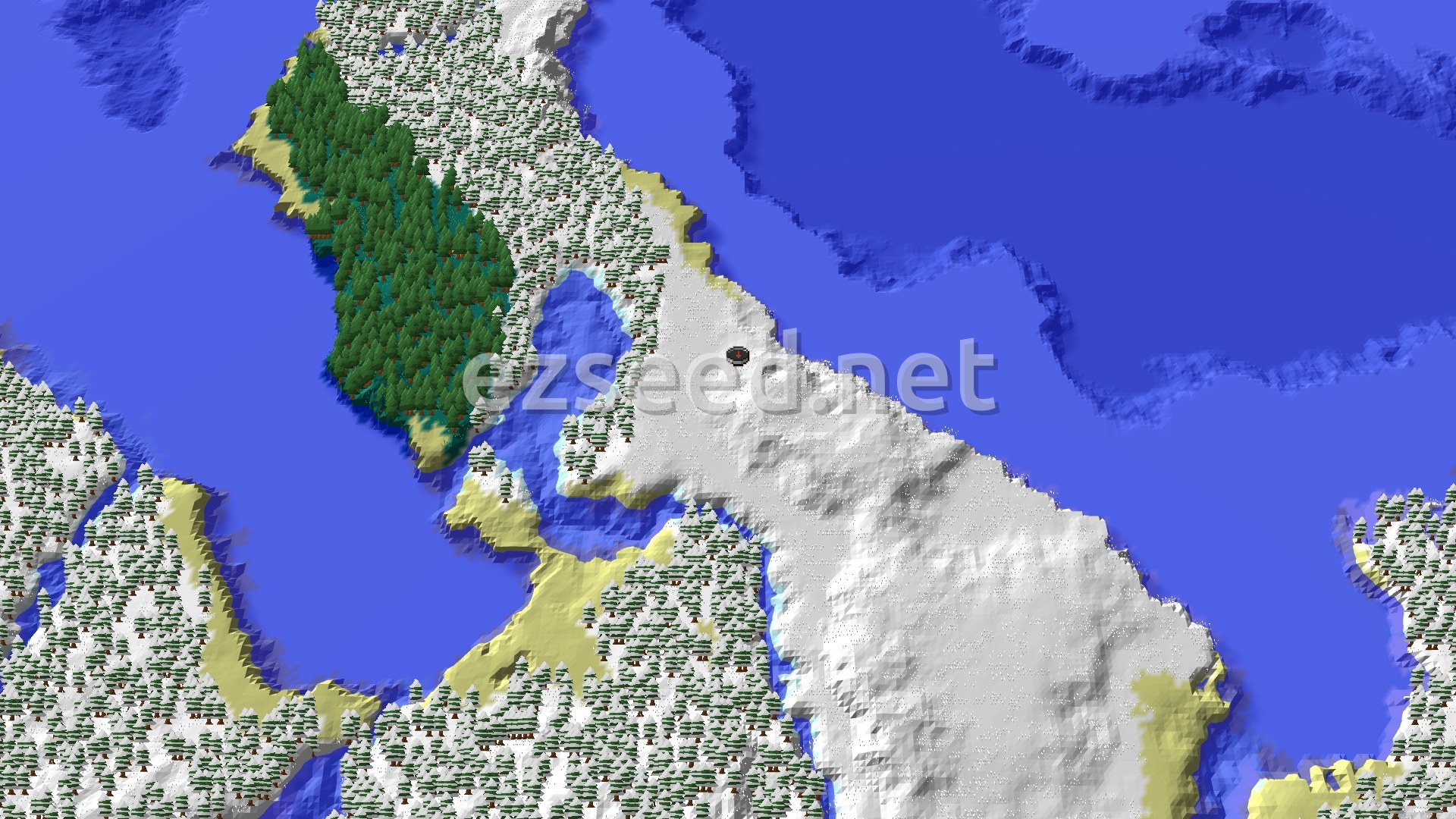Aerial Minecraft seed map — Frozen Ocean and Snowy Plains Spawn