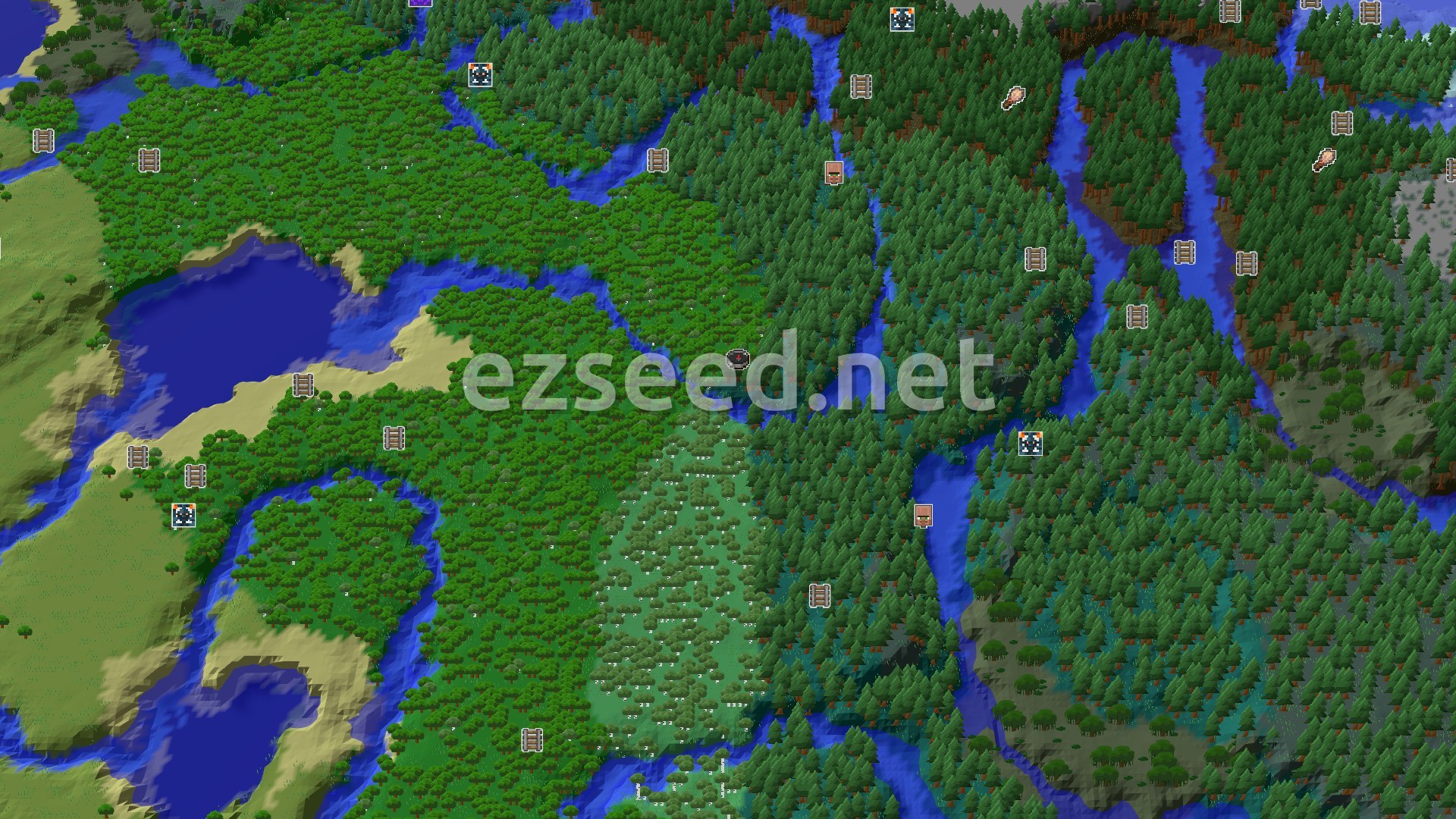 Aerial Minecraft seed map — Forest and Taiga with Nearby Village and Mineshaft