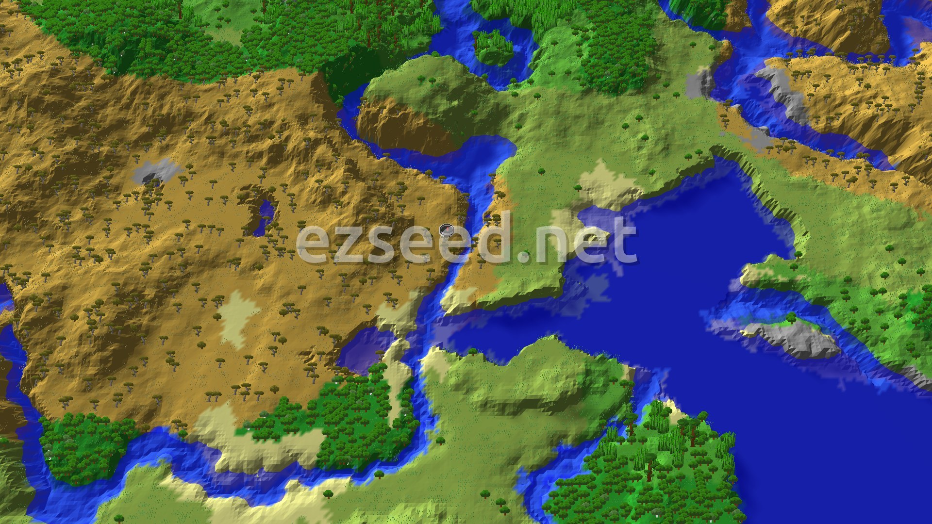 Aerial Minecraft seed map — Savanna Spawn with a Nearby Ancient City and Trial Chambers