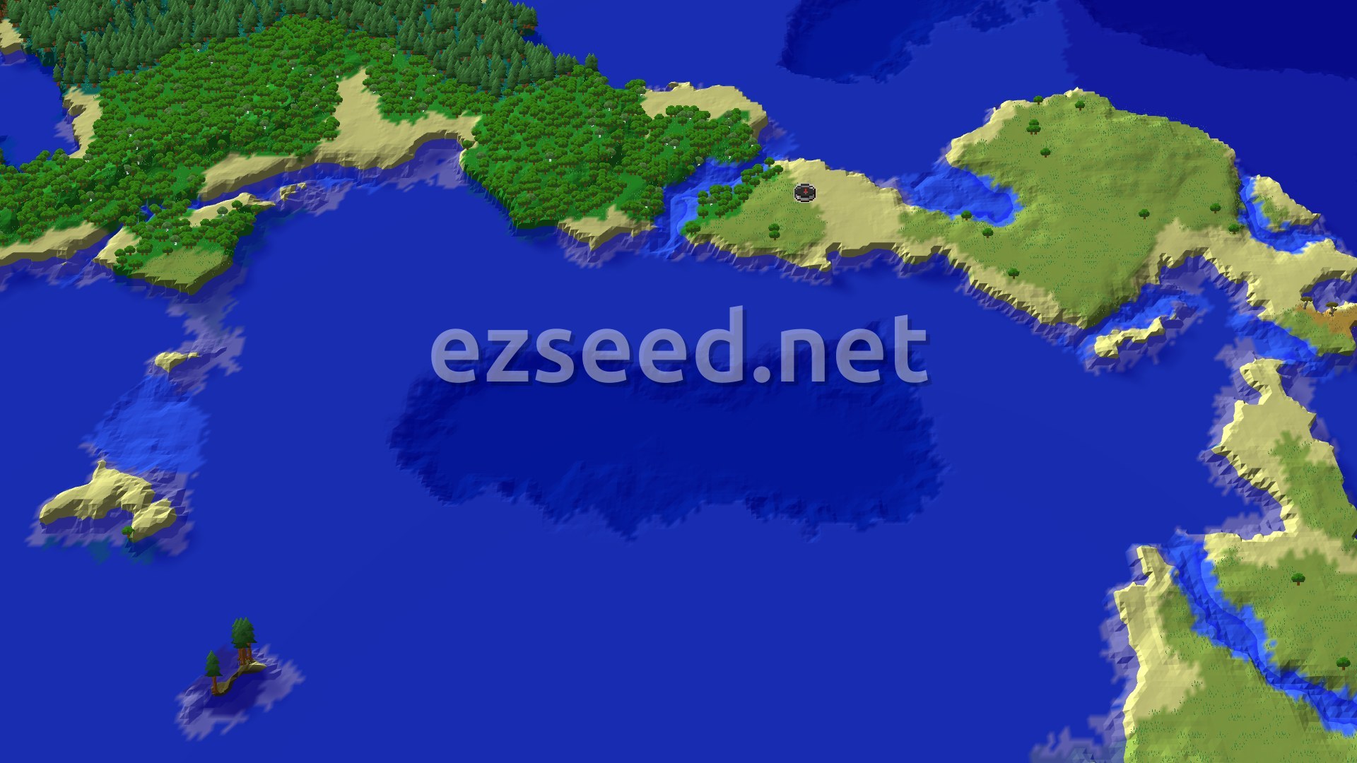 Aerial Minecraft seed map — An Ocean Monument, Shipwreck, and Buried Treasure near Spawn