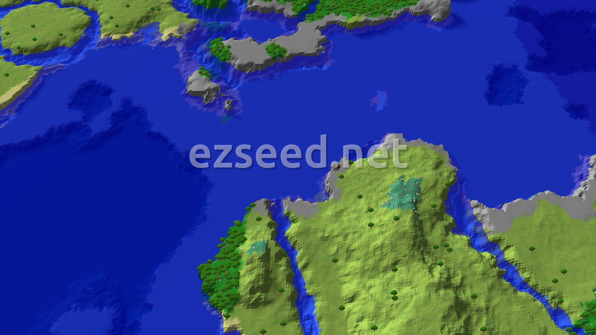 Aerial Minecraft seed map — Coastal Spawn with Nearby Village and Trial Chambers