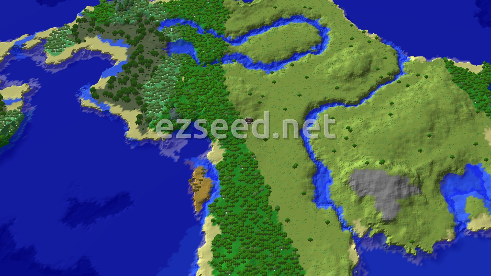 Aerial Minecraft seed map — A Coastal Start with a Nearby Village and Plenty of Hills