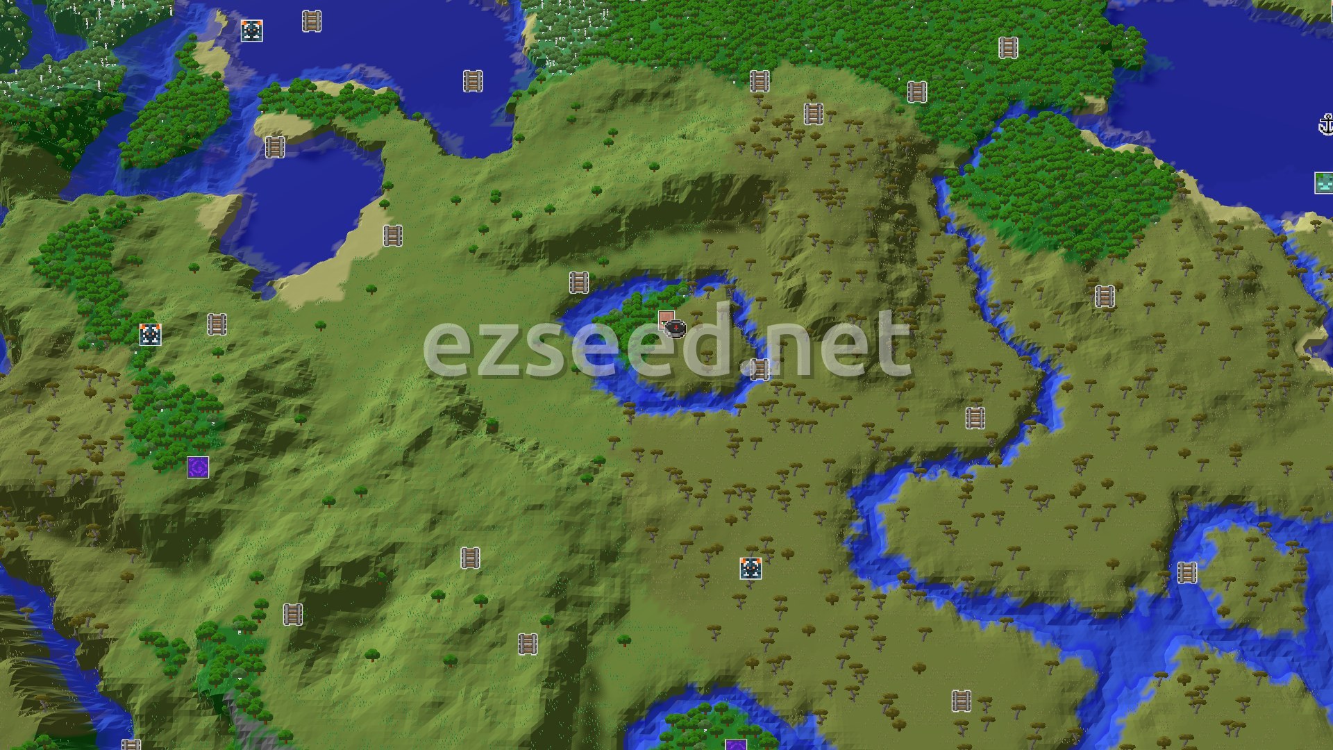 Aerial Minecraft seed map — Savanna Start with a Nearby Village and Sprawling Jungles