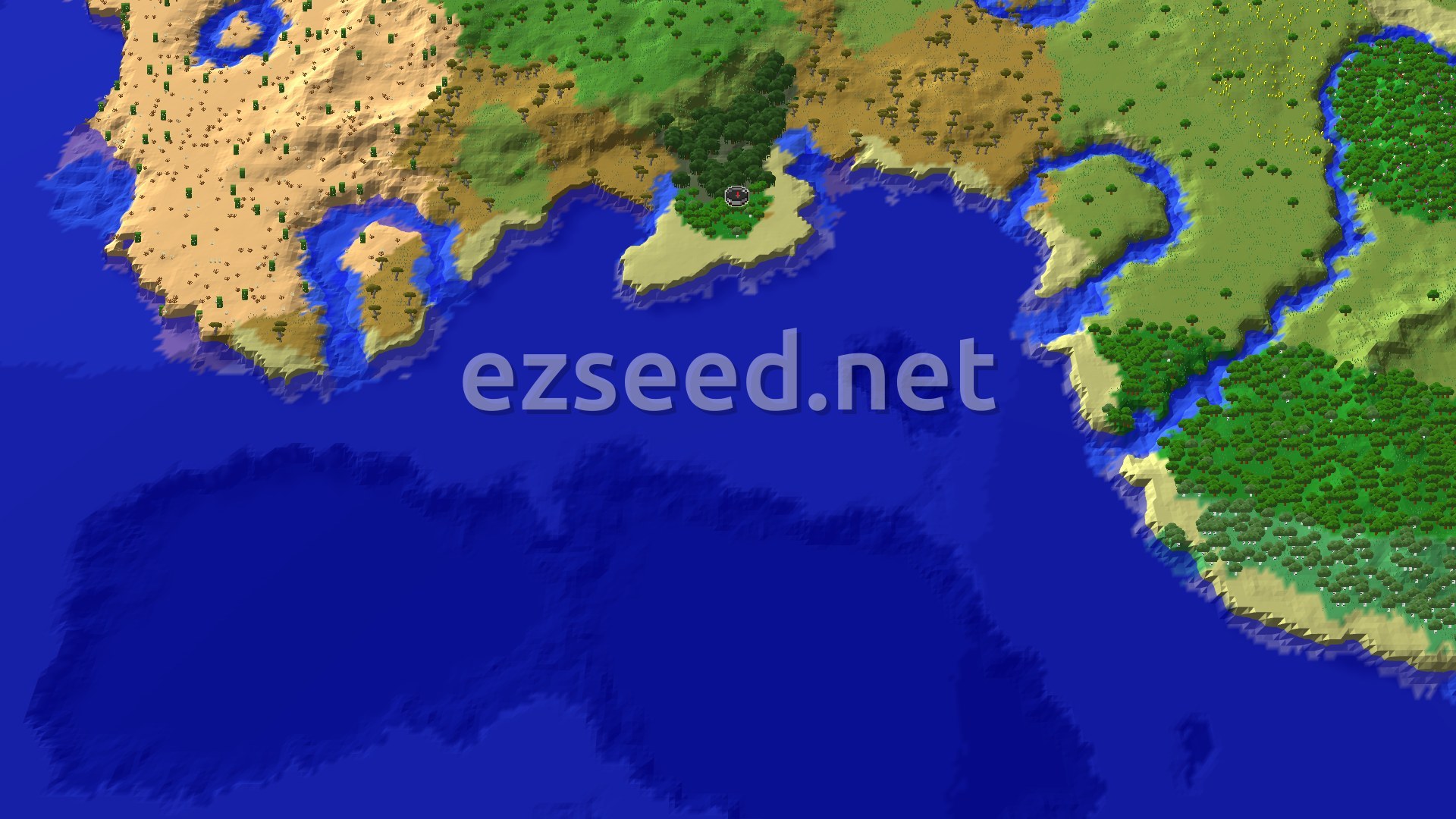 A 3D overhead view shows a coastline with a forest at the center, surrounded by water and varied terrain including sandy beaches and what looks like a desert to the west. A spawn marker is visible in the forest.