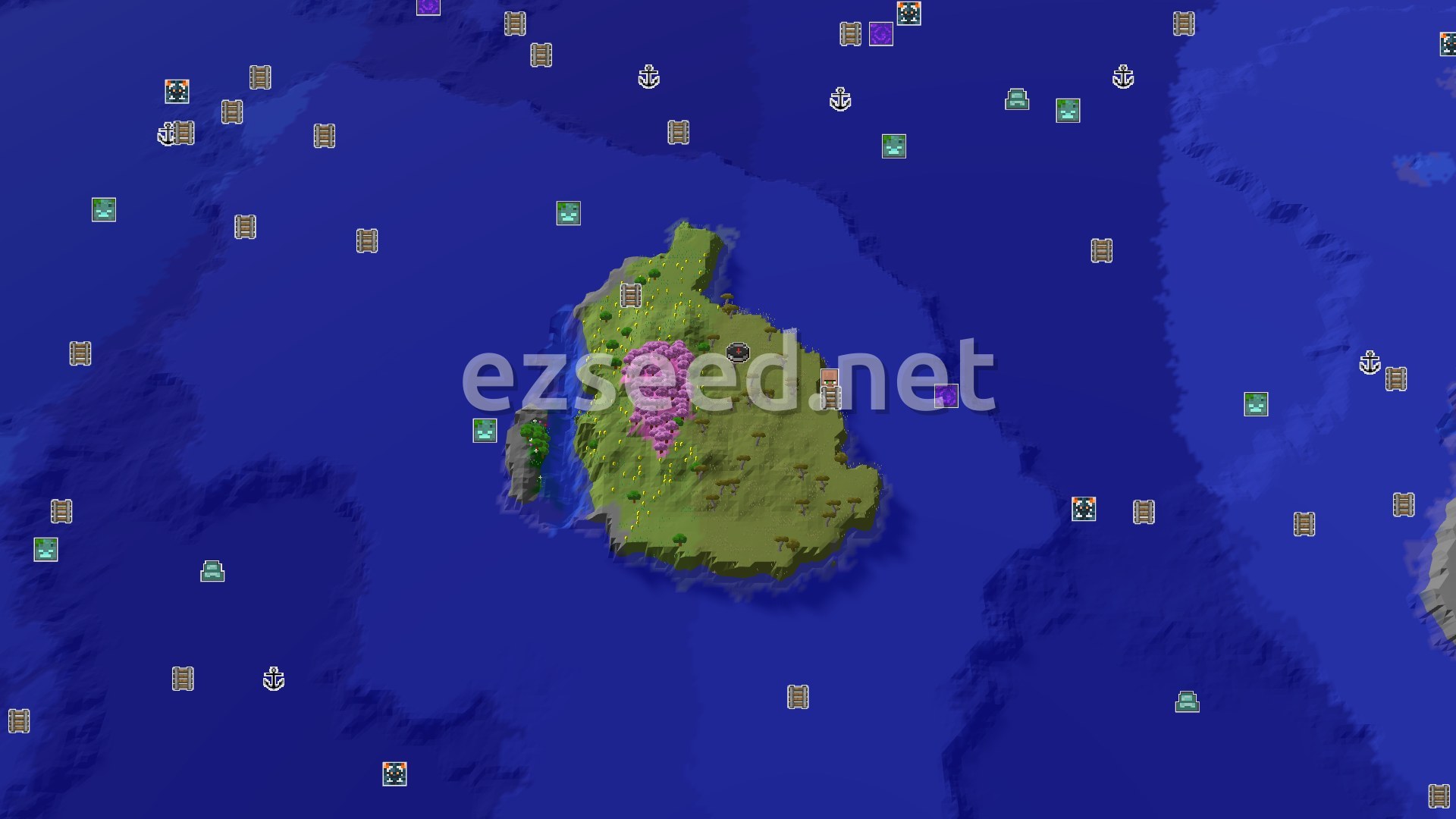 Aerial Minecraft seed map — Savanna Island with a Nearby Cherry Grove