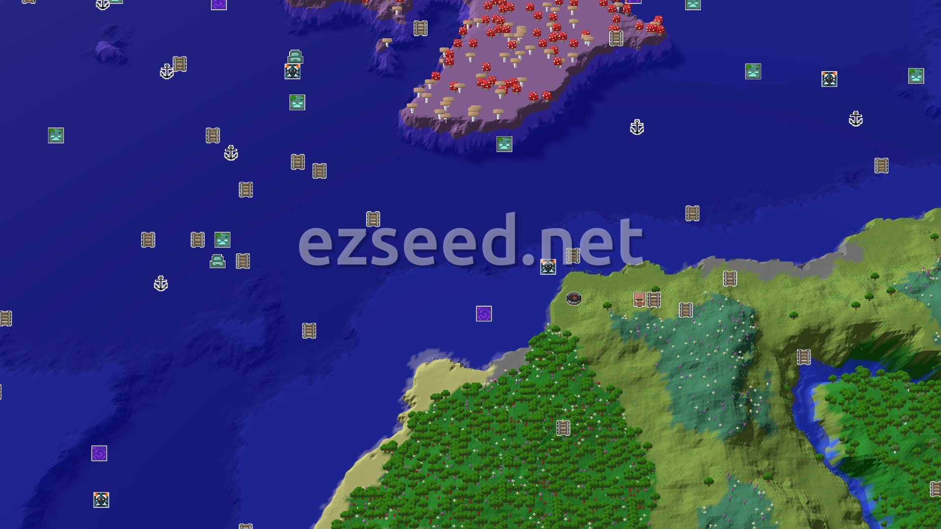 Aerial Minecraft seed map — A Quiet Start with a Nearby Mushroom Fields Island