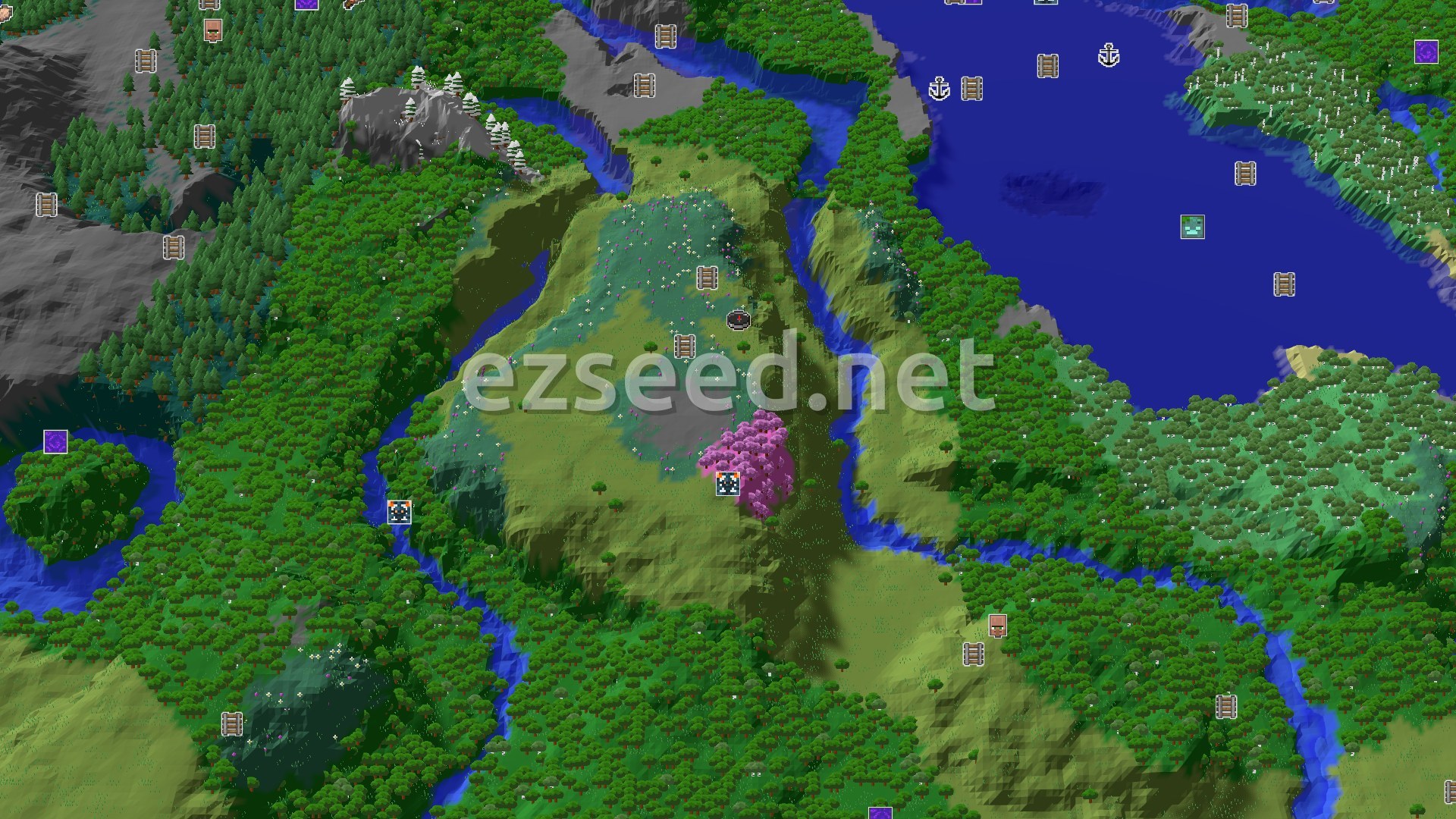 Aerial Minecraft seed map — Cherry Grove and Mineshaft Near a Plains Spawn