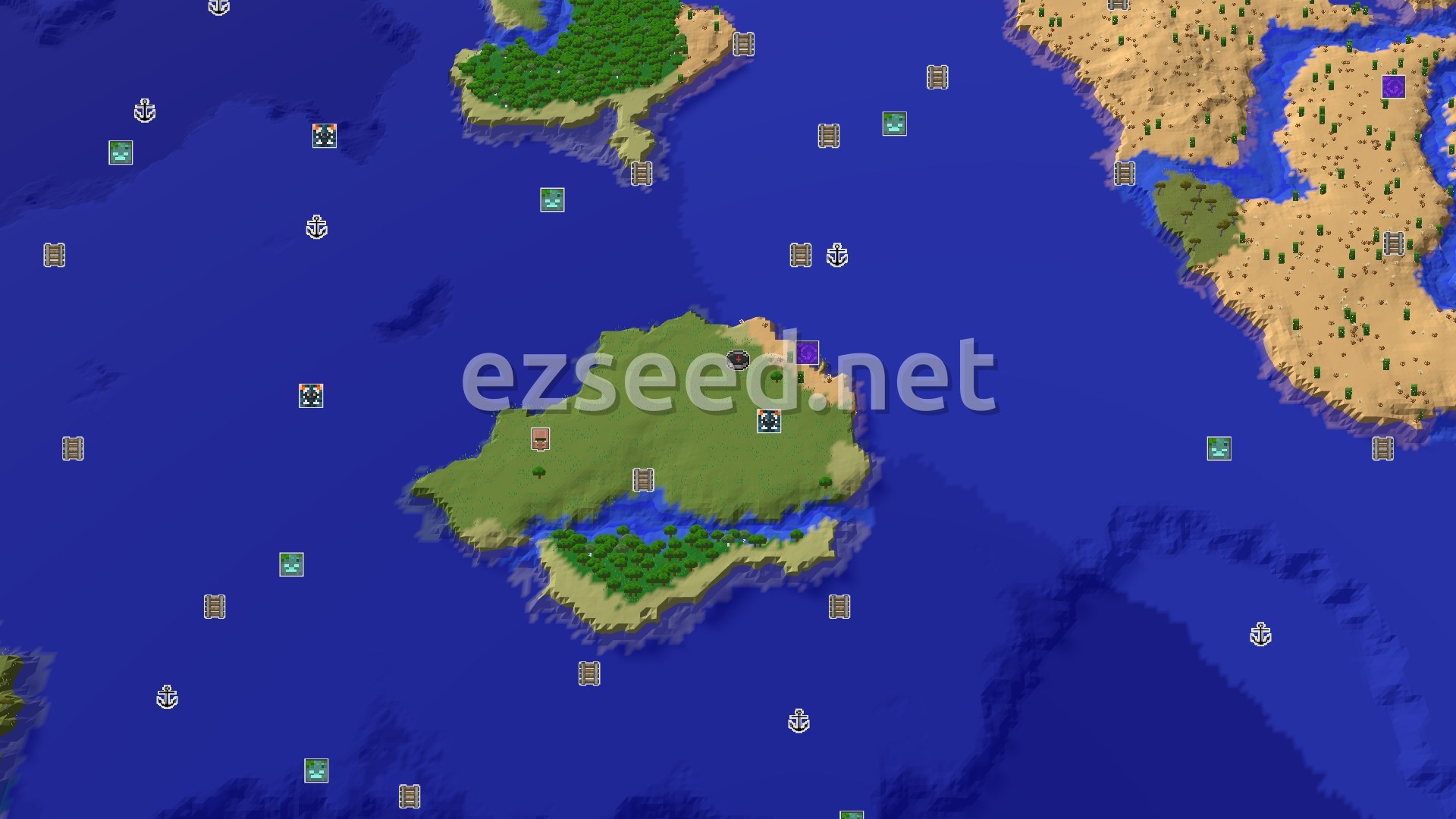 Aerial Minecraft seed map — Island Spawn with Nearby Trials and Desert Shores