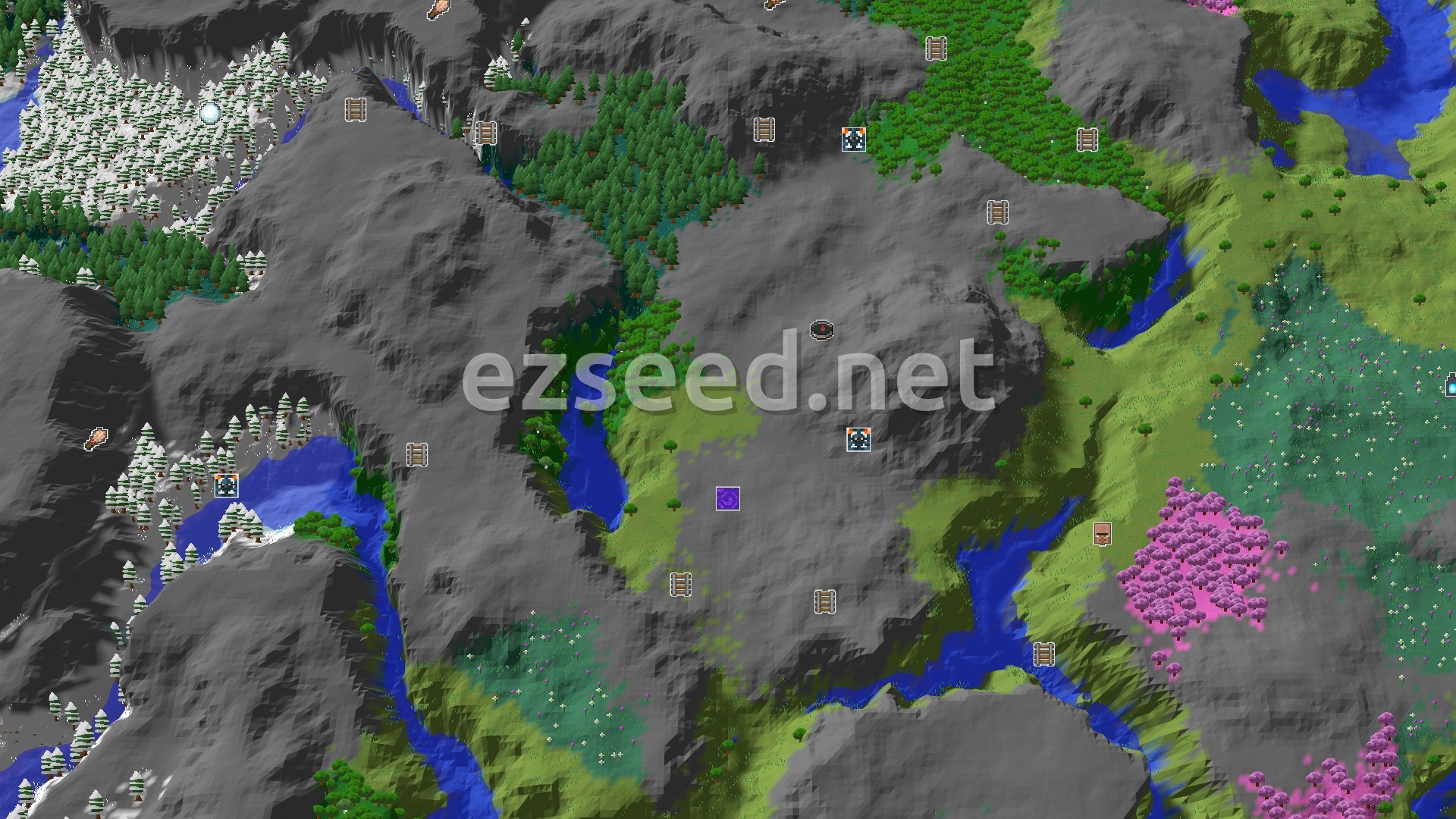 Aerial Minecraft seed map — A Cherry Grove Start with Nearby Trials