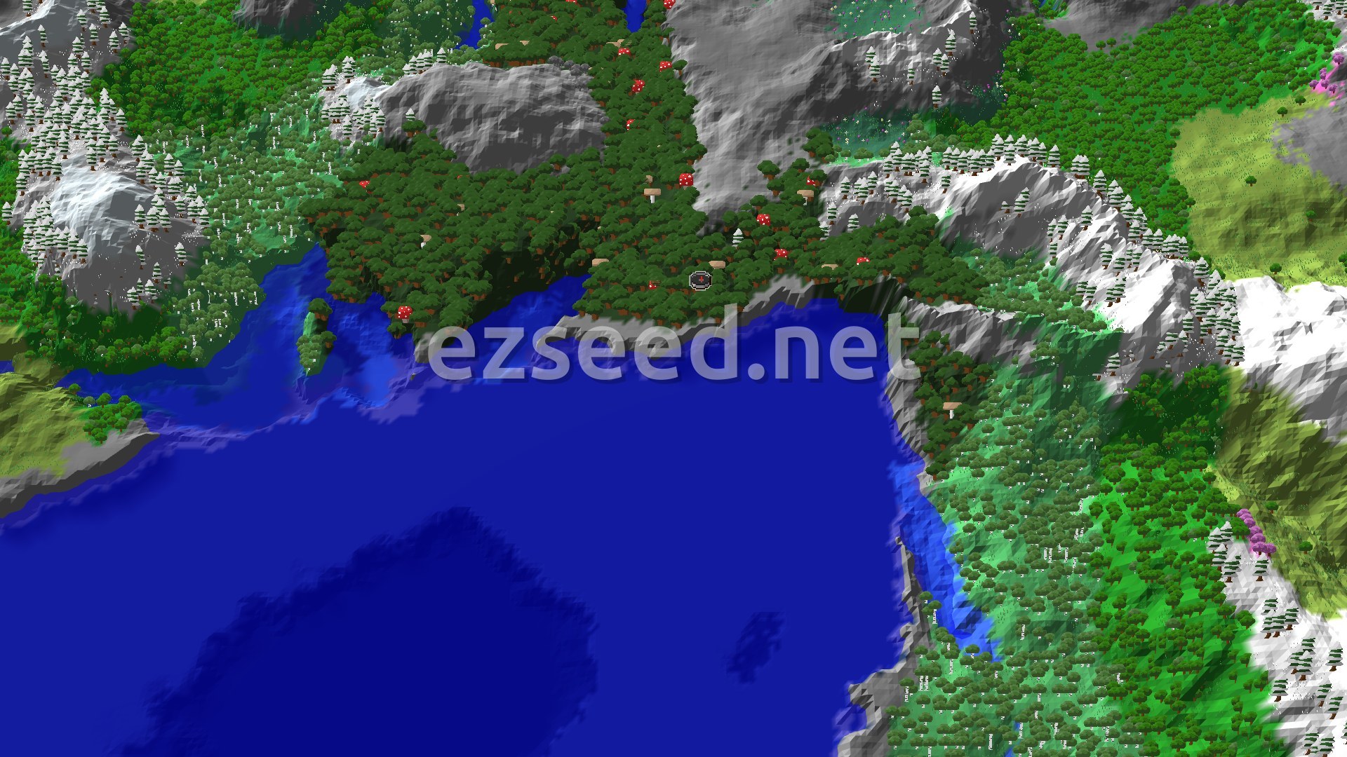 A 3D overhead view of a diverse landscape featuring a dense dark forest, a large ocean, and several snowy mountain peaks.