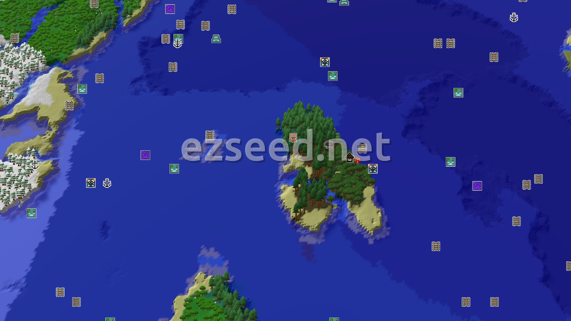 Aerial Minecraft seed map — A Taiga Island Start with Many Close Structures