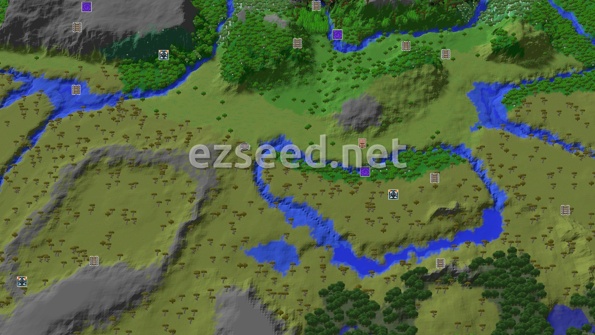 Aerial Minecraft seed map — Savanna Spawn with a Close Village and Ruined Portal