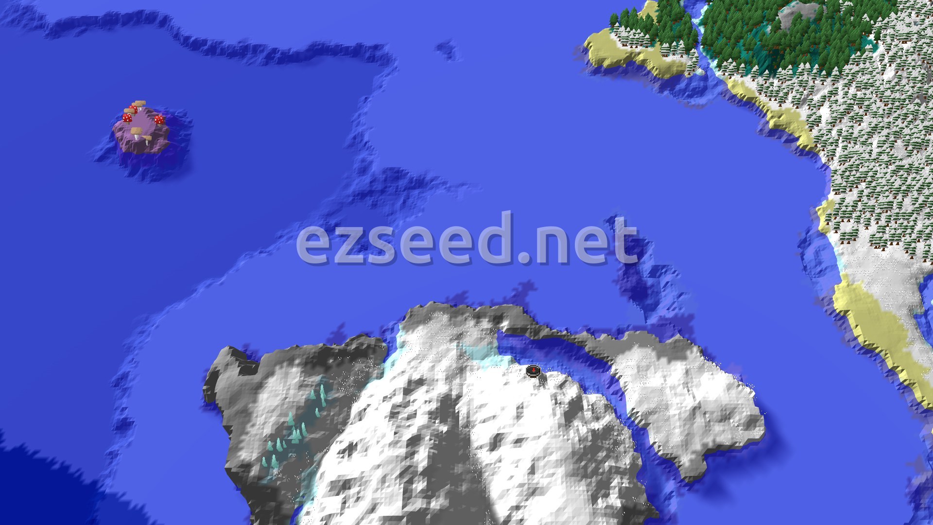 A 3D fly-over of a snowy plains biome with a large frozen ocean, an island of mushroom fields, and a distant snowy taiga forest.