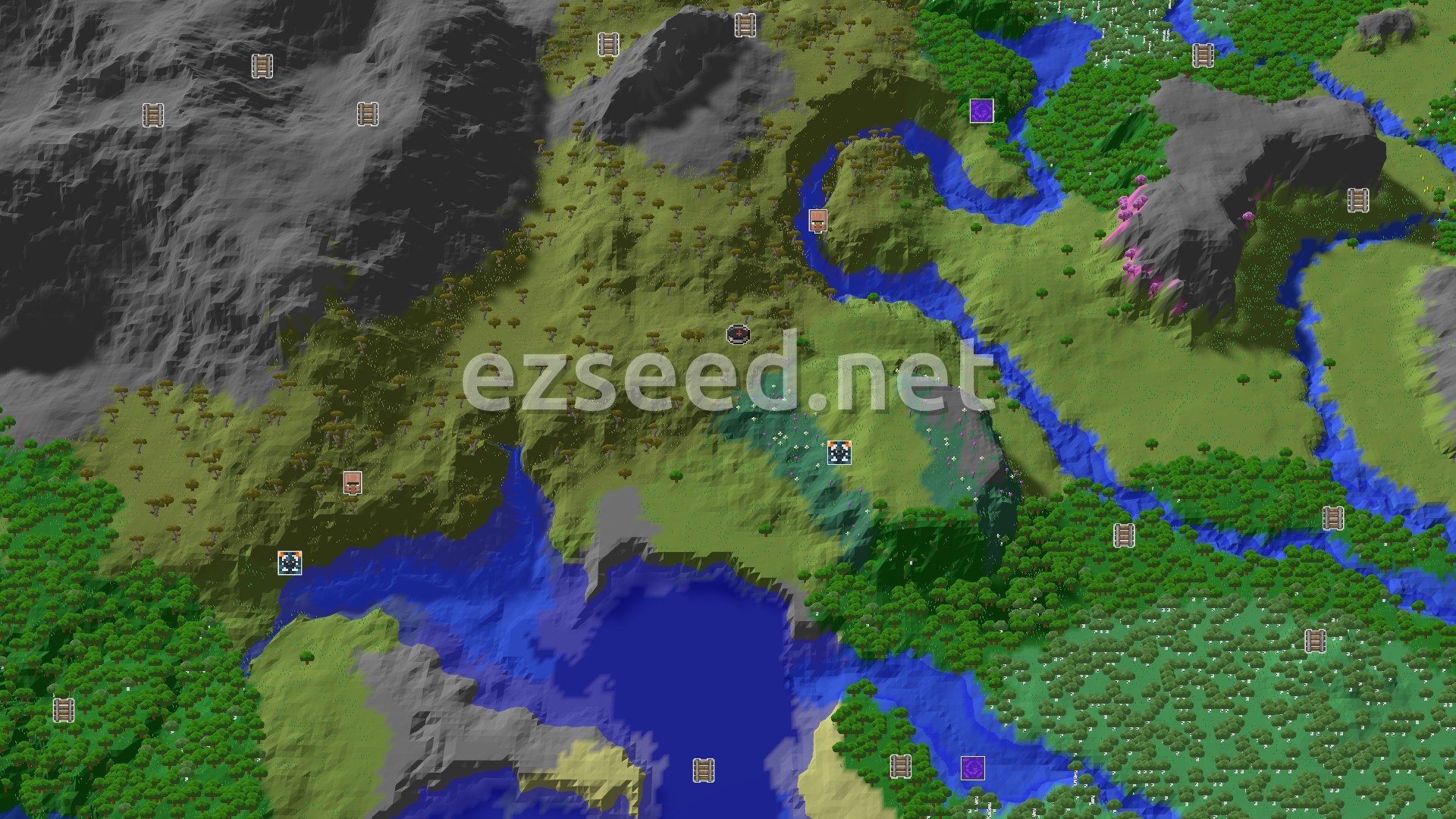 Aerial Minecraft seed map — Savanna Plateau with a Nearby Cherry Grove and Trial Chambers