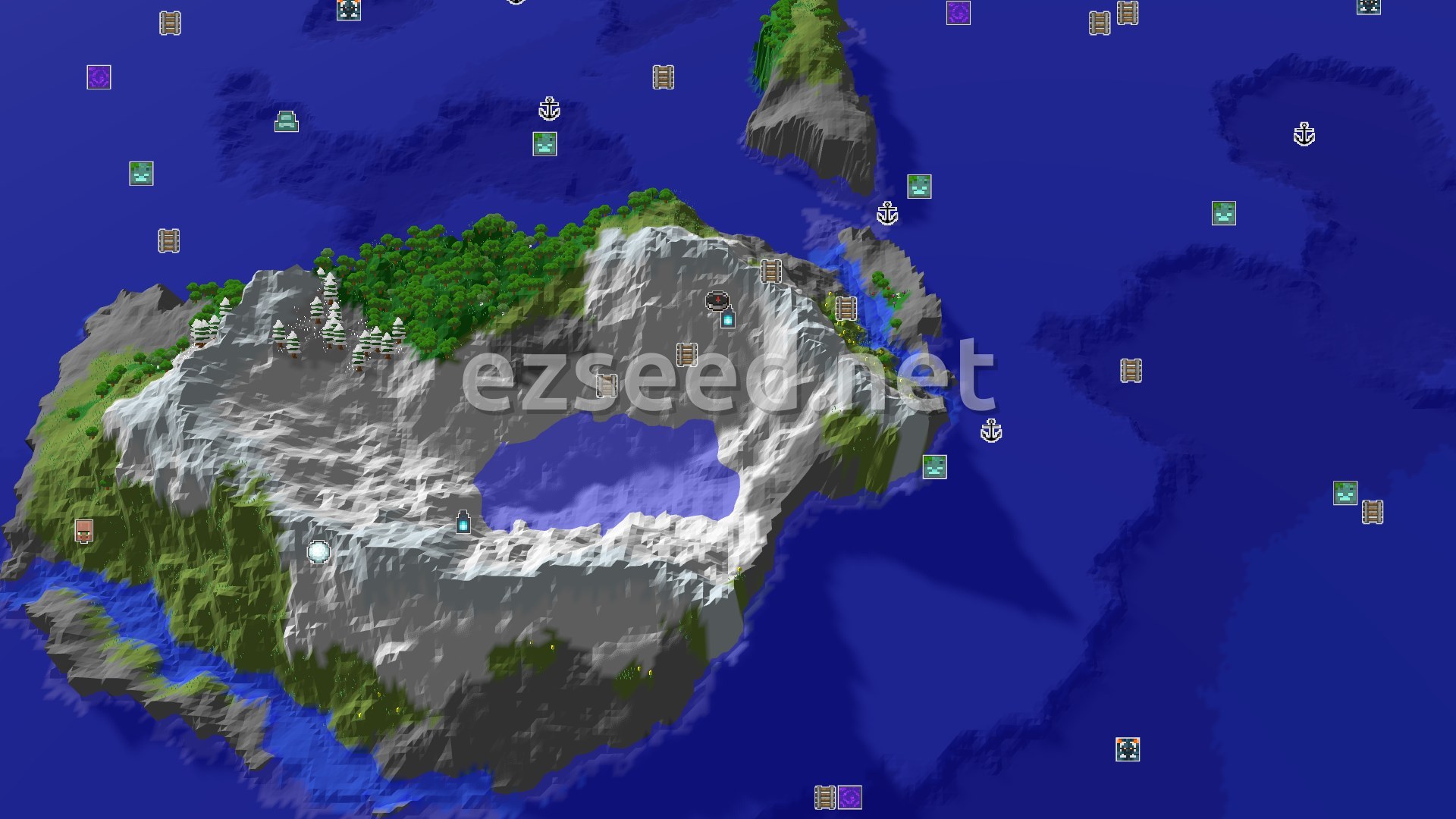 Aerial Minecraft seed map — Ancient City at Spawn in Icy Mountains
