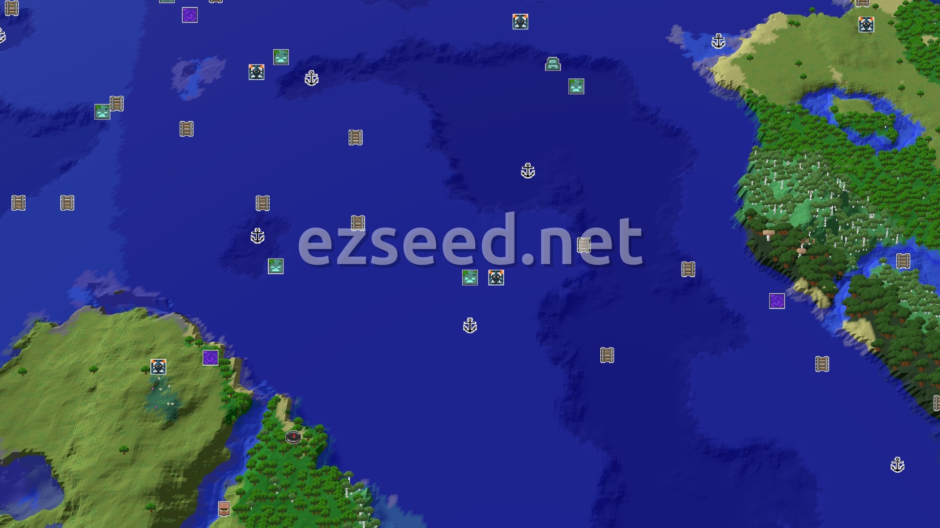 Aerial Minecraft seed map — Trial Chambers and a Village Near a Forest Shore