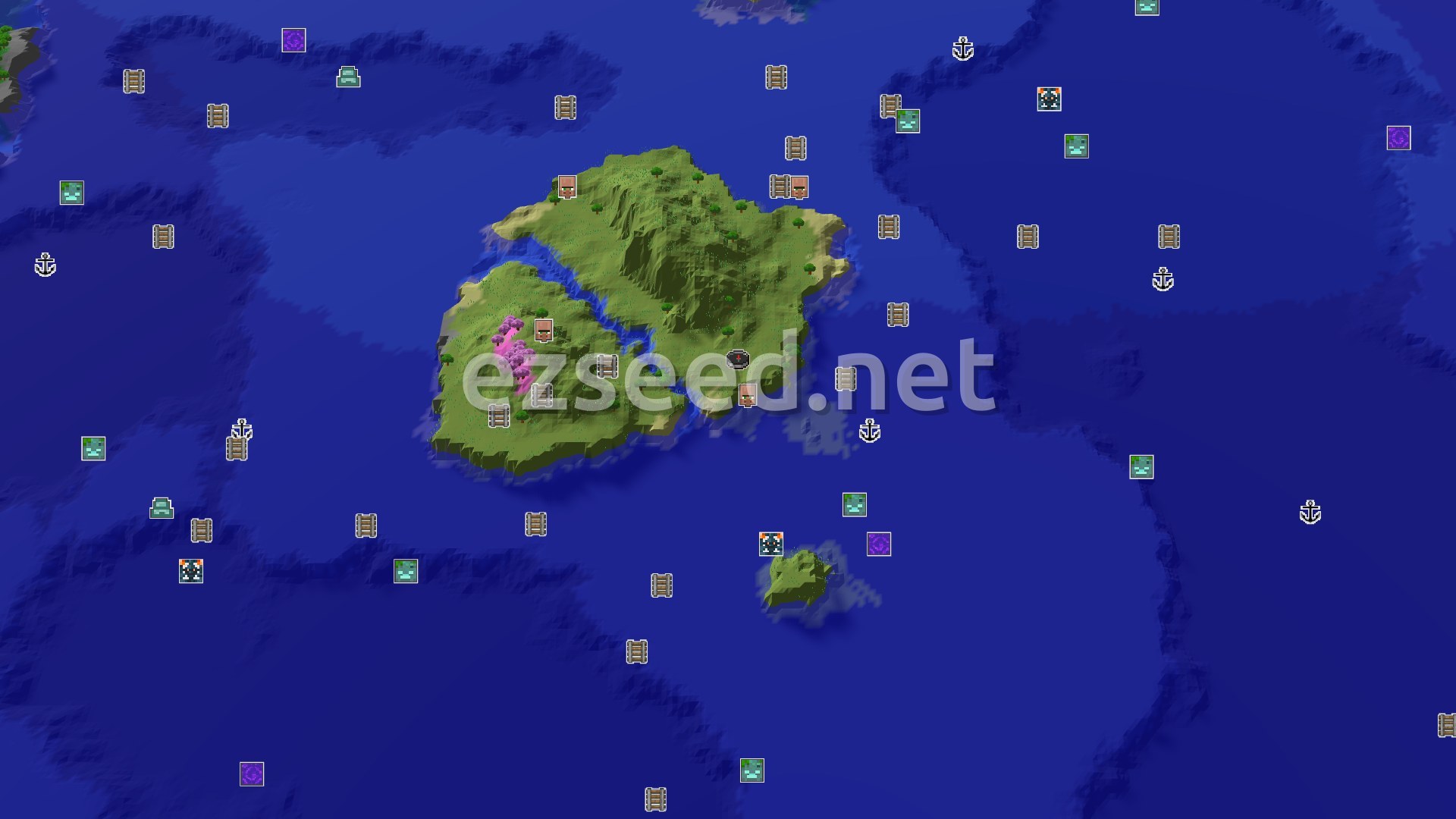 Aerial Minecraft seed map — Island Spawn with a Close Village and Distant Peaks