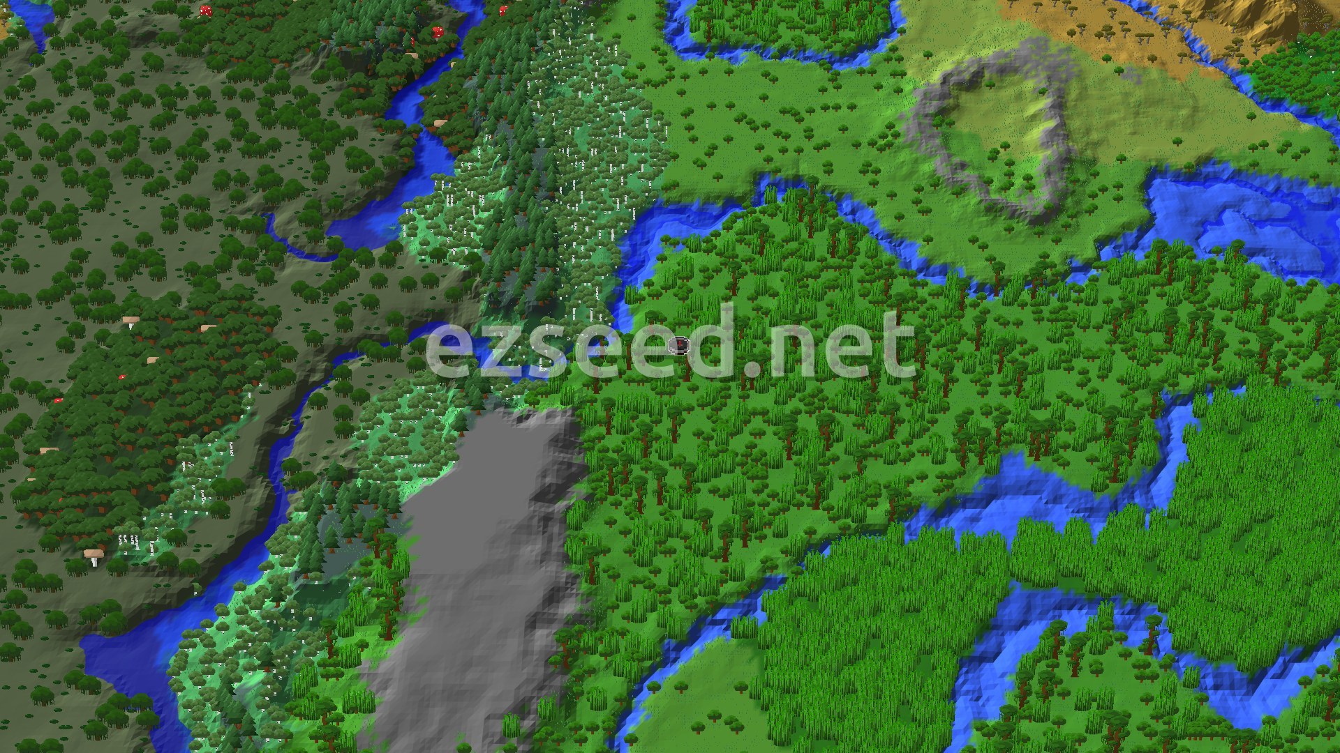 Aerial Minecraft seed map — Jungle Spawn with Nearby Bamboo and a Stony Peaks Hill
