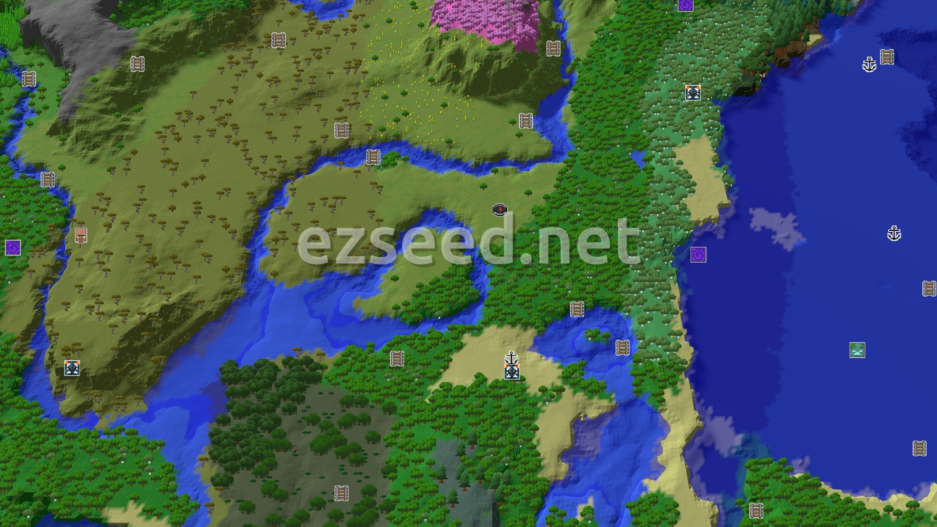 Aerial Minecraft seed map — A Cherry Grove and Trial Chambers Near Spawn