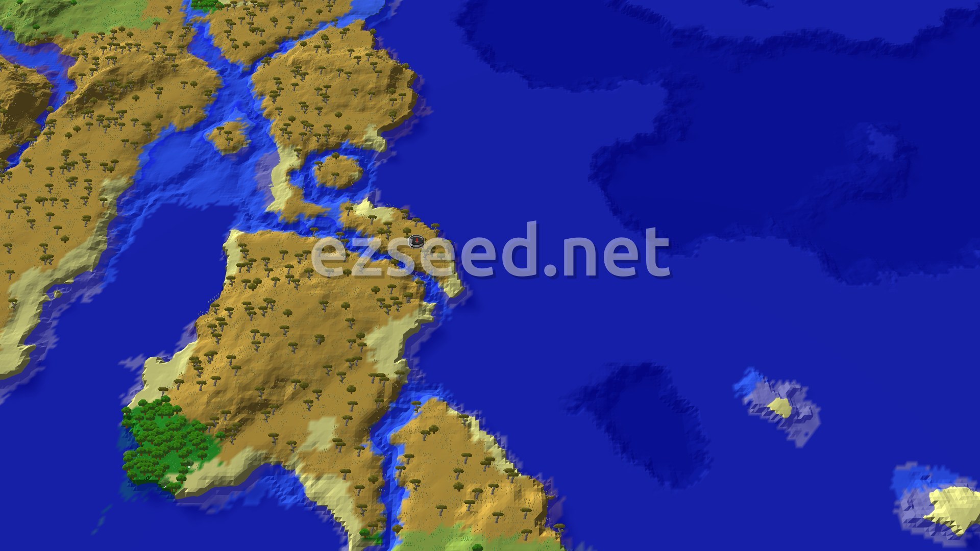Aerial Minecraft seed map — Savanna Start with a Jungle Temple Nearby