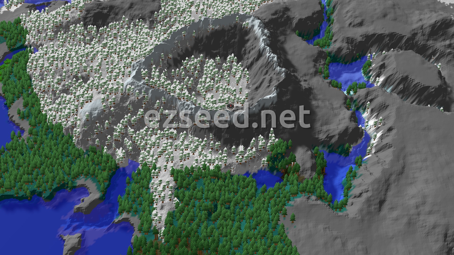 Aerial Minecraft seed map — Spawn in a Grove with Nearby Frozen Peaks and Ancient City