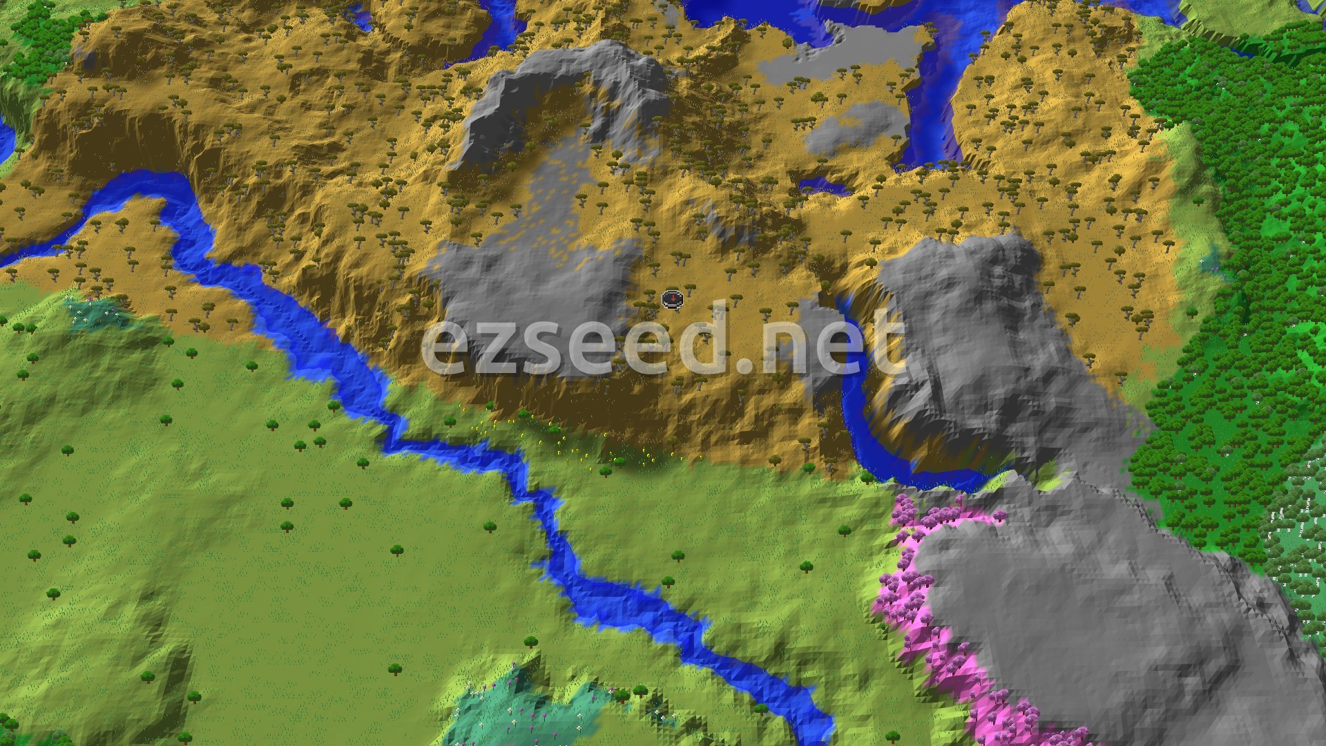 Aerial Minecraft seed map — Savanna Plateau with Nearby Cherry Grove and Woodland Mansion