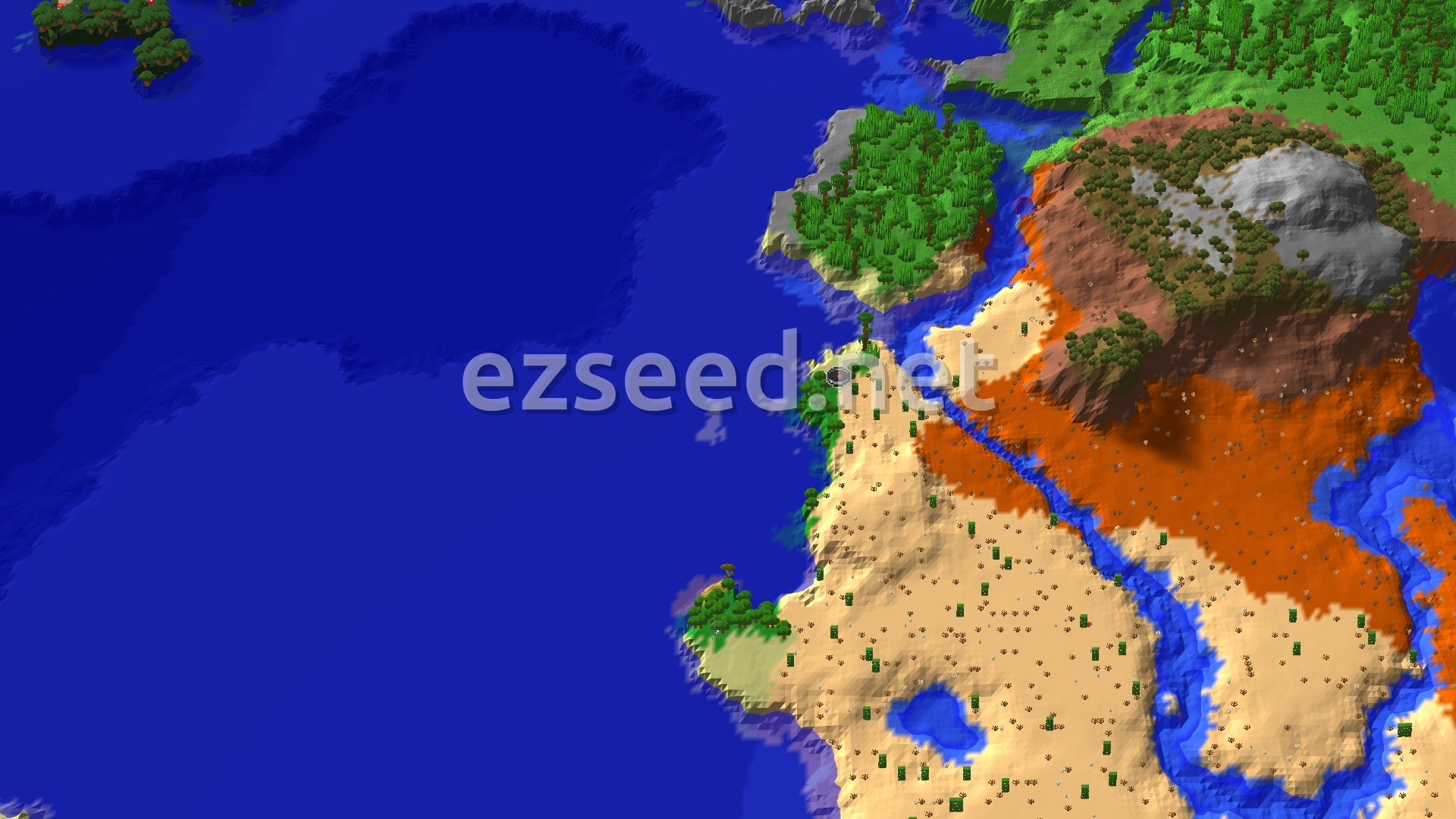 Aerial Minecraft seed map — Wooded Badlands and Jungle Near a Forest Spawn