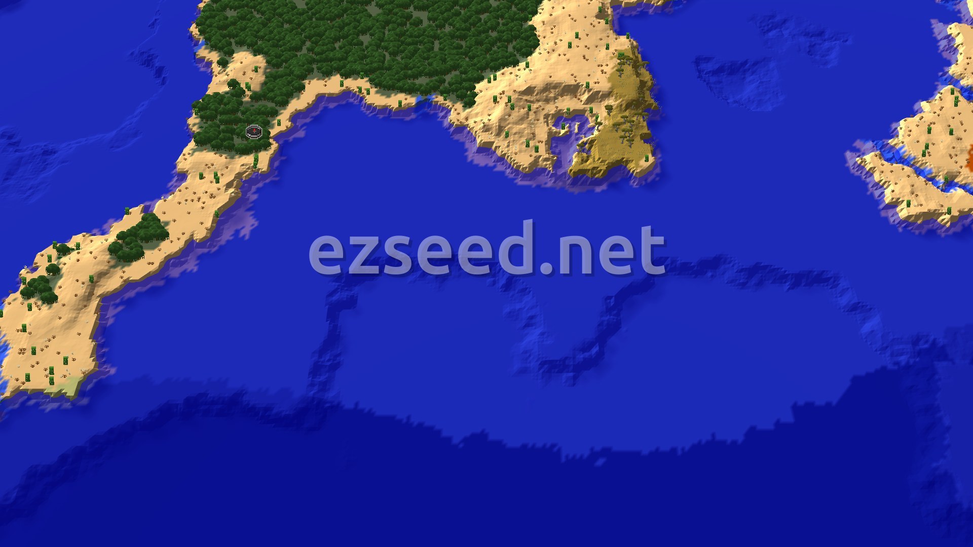 An overhead view of a green Mangrove Swamp surrounded by sandy desert and blue ocean, with a spawn marker in the swamp.