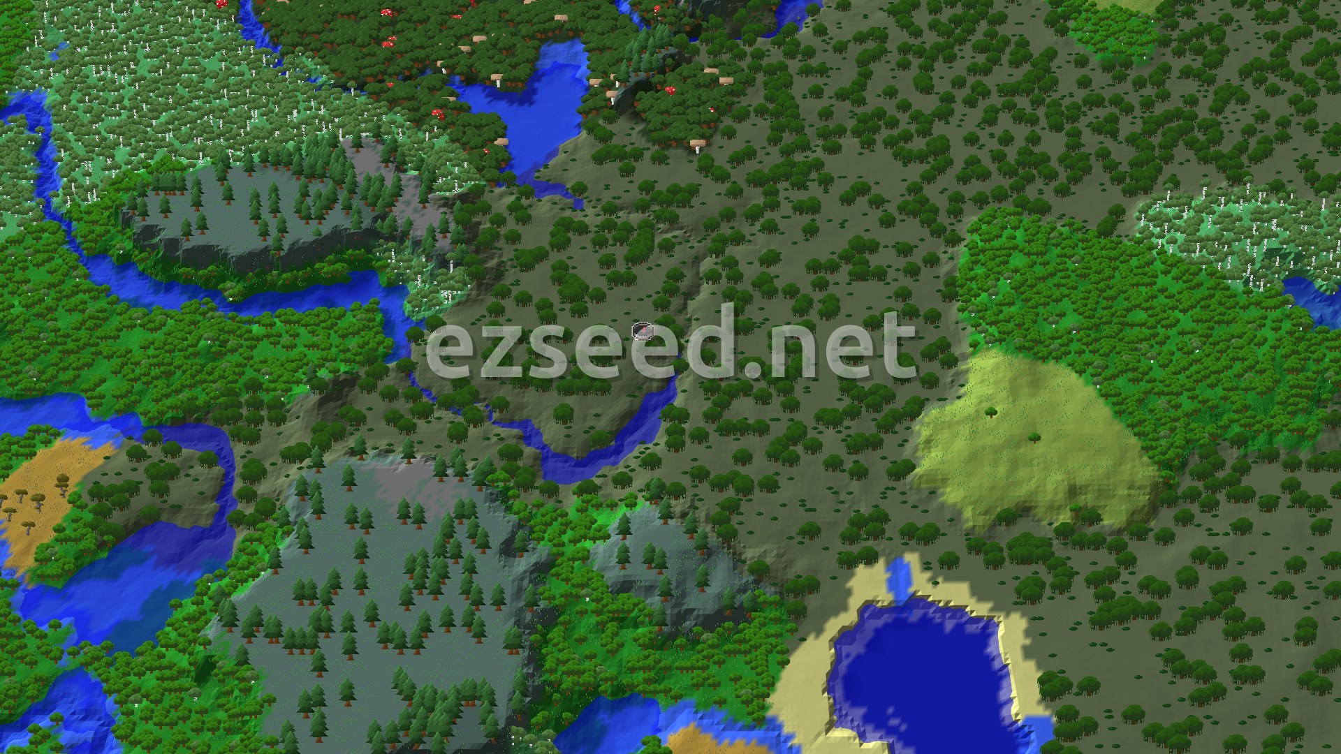 An overhead isometric view of a Minecraft landscape, showing a central swamp biome with dark green trees, surrounded by lighter green forests, rivers, and some small hills. There is a body of water in the lower right.
