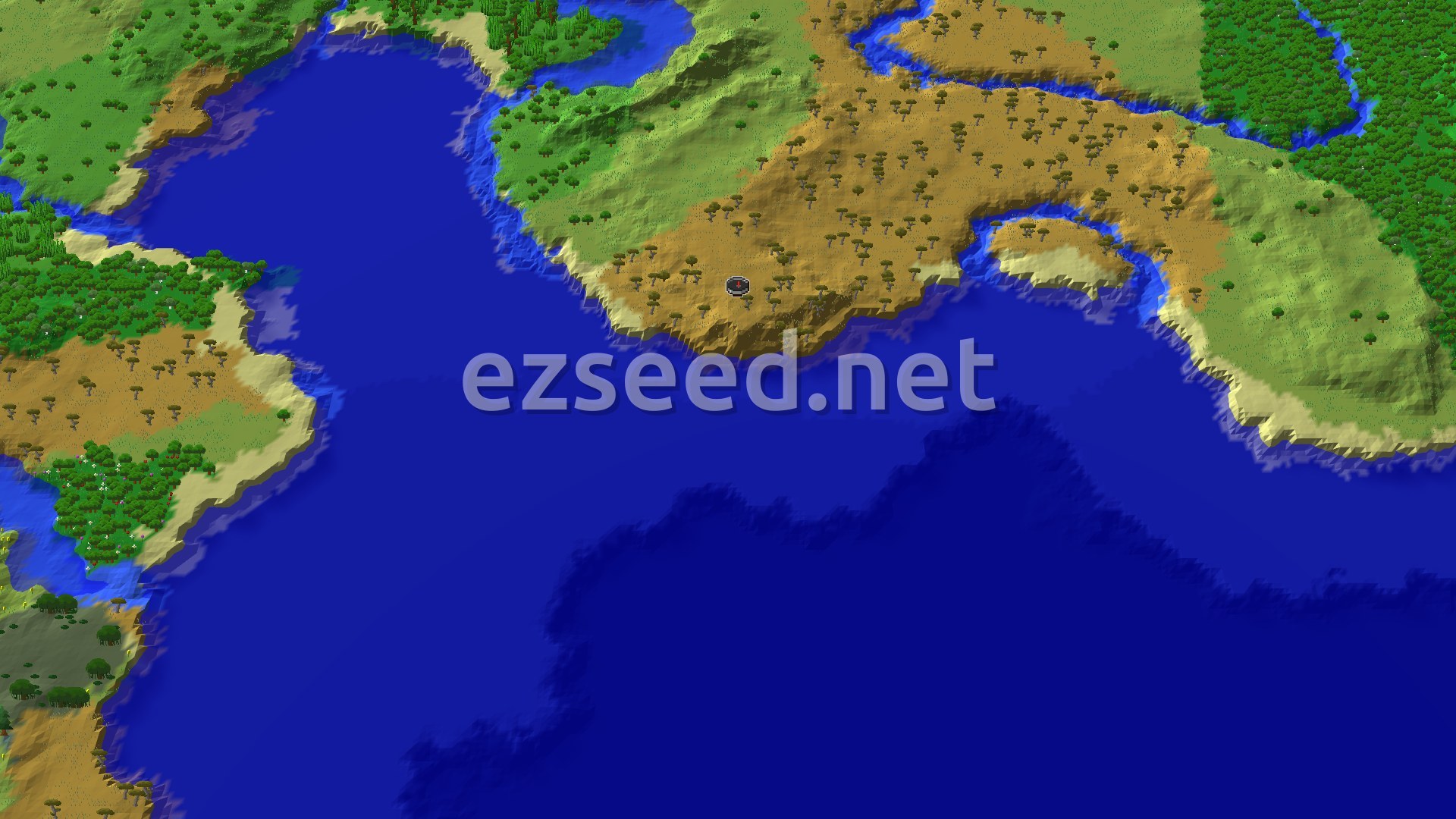 A 3D fly-over of a Savanna biome with scattered trees, bordered by water and a strip of sandy beach, with a small spawn marker in the center.