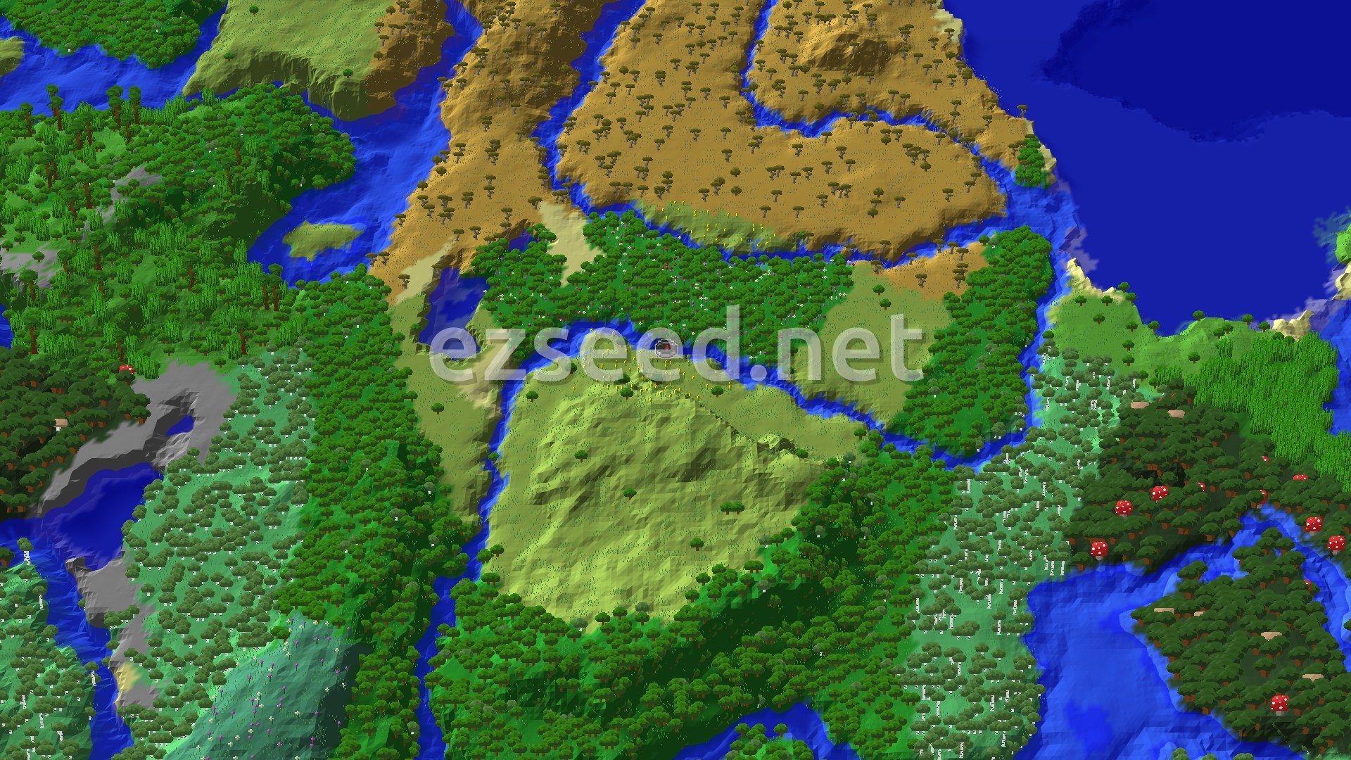 Aerial Minecraft seed map — Spawn in Sunflowers, Flower Forest Nearby
