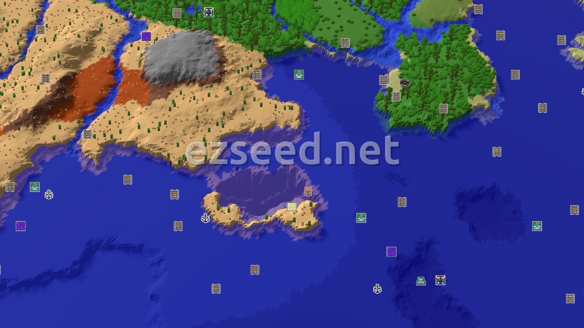 Aerial Minecraft seed map — Spawn on a Beach with Jungle and Ocean Nearby