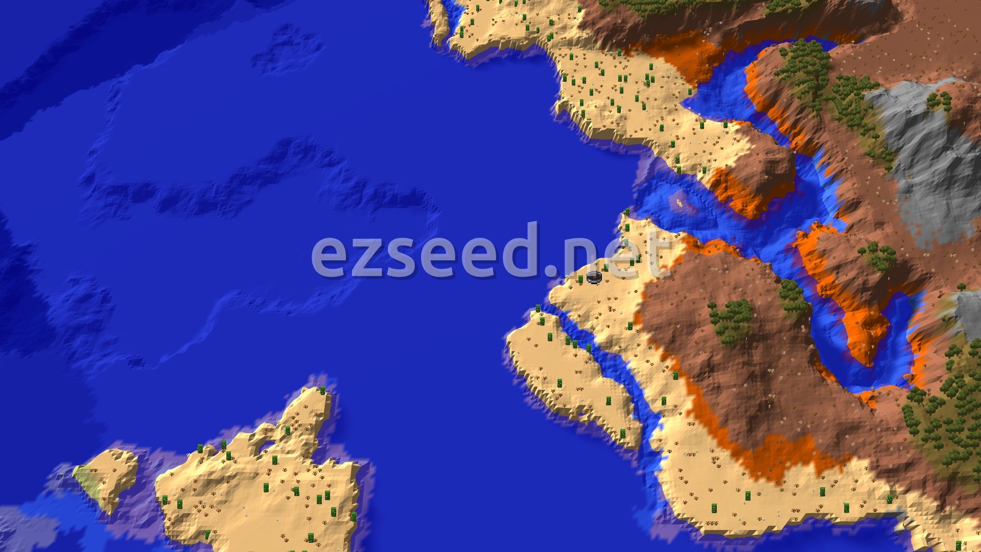 An aerial view of a varied landscape, showing a prominent ocean with a large island to the left, and a mainland dominated by desert, badlands, and a deep river cutting through. Sparse trees dot the land, and a small spawn marker is visible near the center of the image on the mainland.