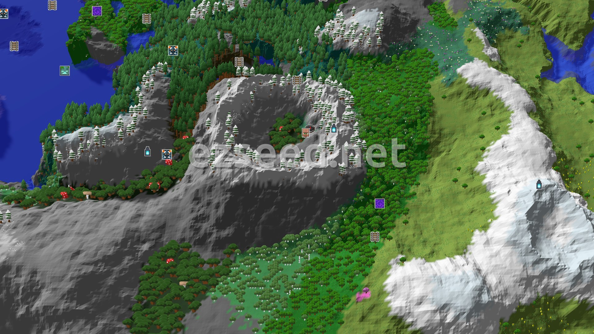 Aerial Minecraft seed map — A Village and Ancient City Starter Seed