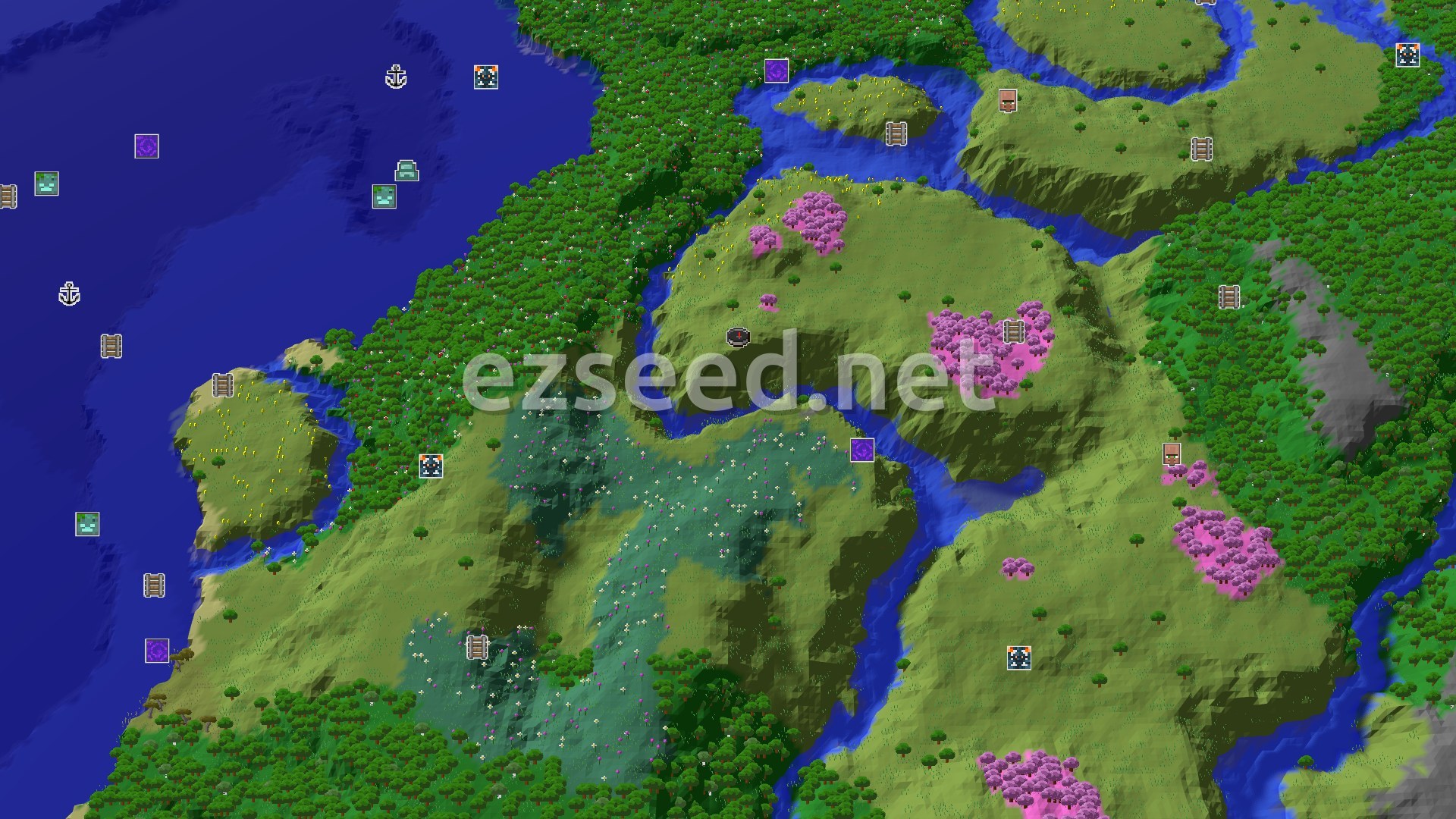 Aerial Minecraft seed map — Spawn Near a Ruined Portal and Cherry Groves