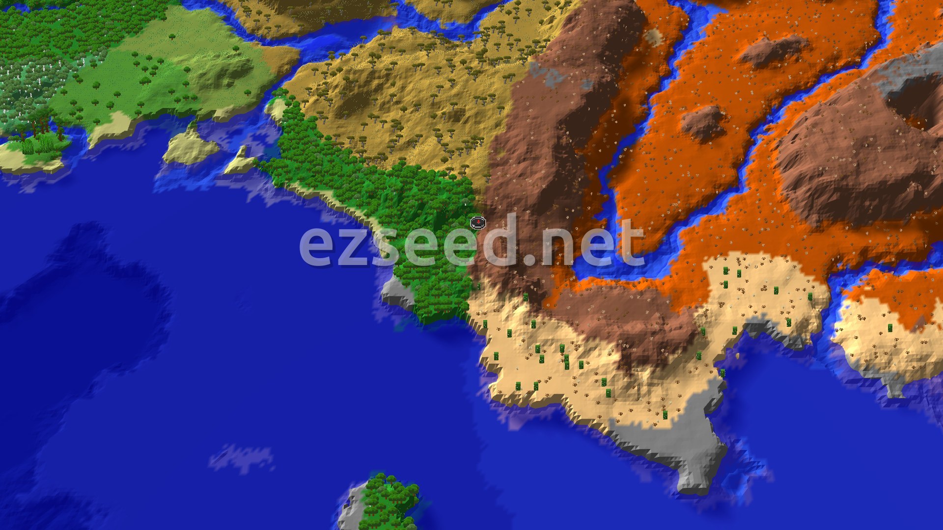 A 3D overhead view of diverse biomes: a dark green forest, sandy deserts, and striking orange and brown badlands, all bordering a blue ocean.
