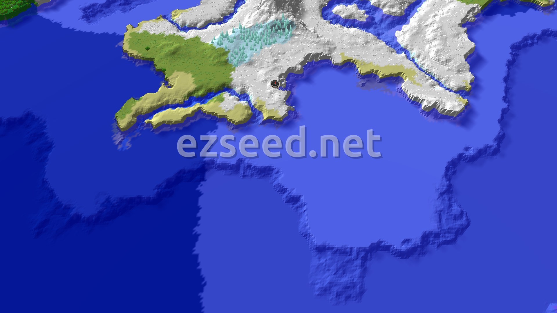 Aerial Minecraft seed map — Ice Spikes Near Spawn, Mushroom Fields Not Far