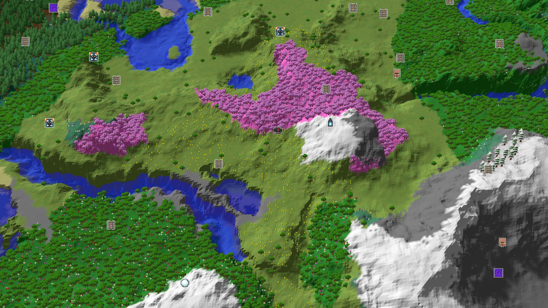 A 3D overhead view of a diverse landscape featuring a large pink-leafed cherry grove nestled beside a snowy mountain peak, with a small spawn marker in the center. Green plains and forests surround it, with rivers and lakes visible.